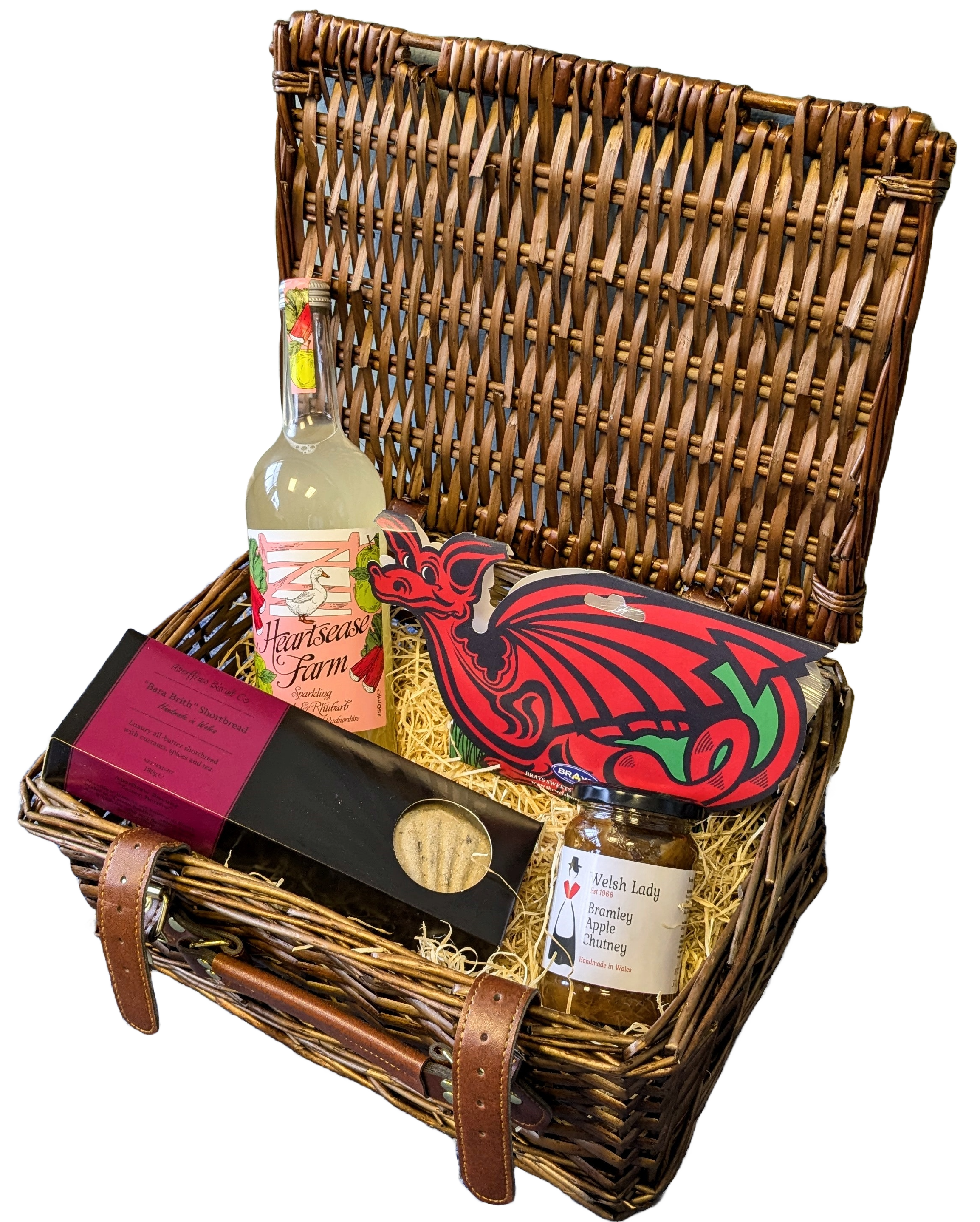 Hamper Cymreig - Afal Pefriog a Riwbob, Bara Brith Byr, Siytni Afal a Chyffug