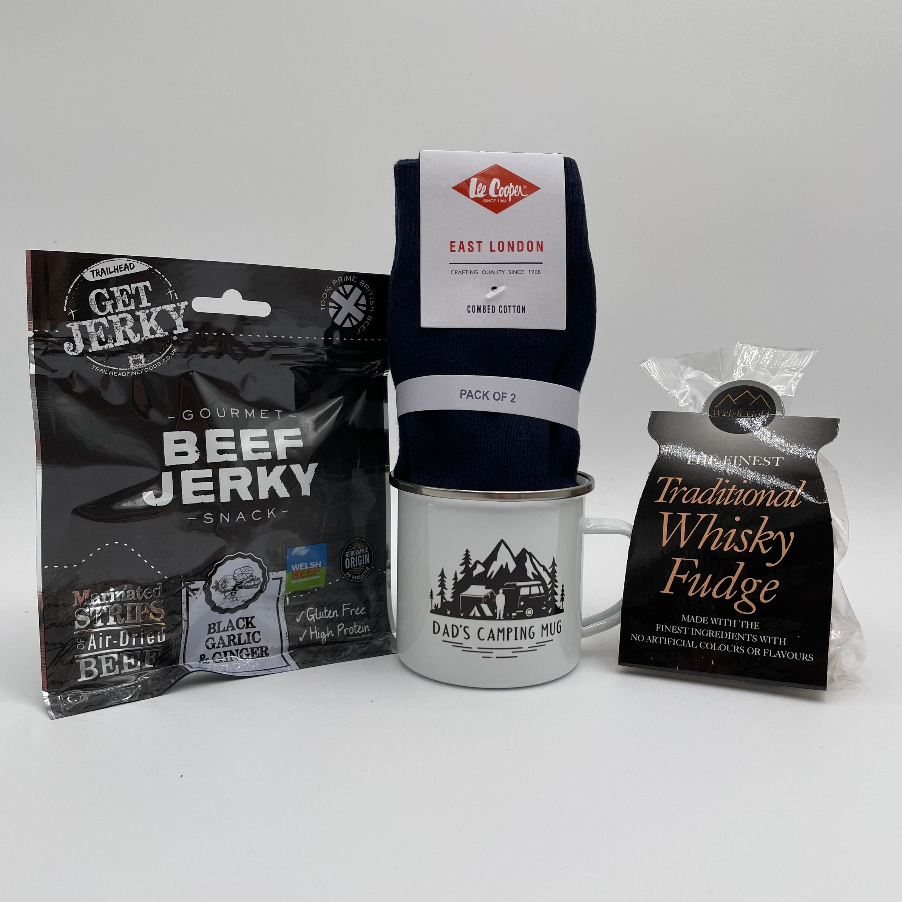 Dad's Camping Mug, Socks and Snacks Gift Set