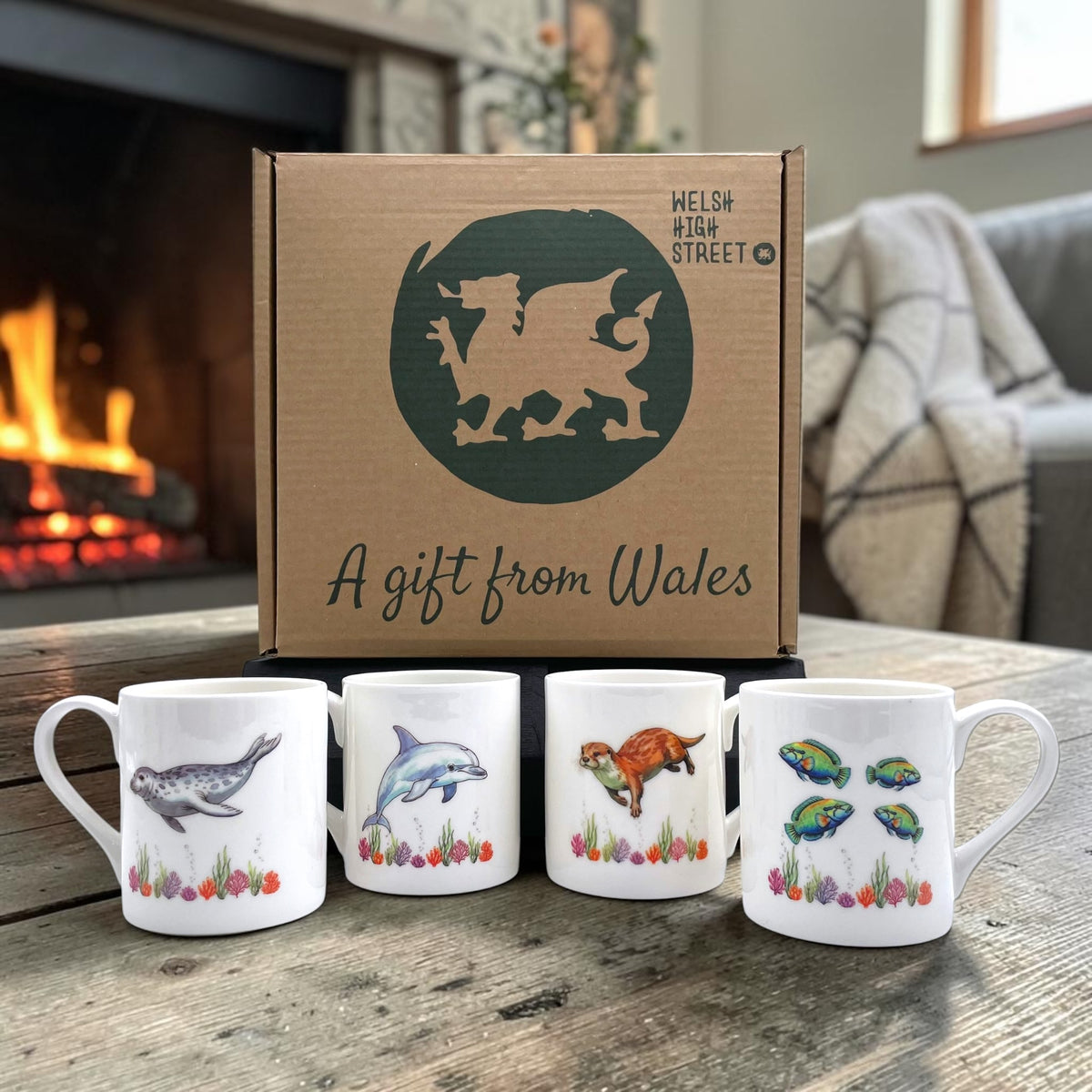 Set o Fwgiau Tsieina Asgwrn Bywyd Morol Cymru