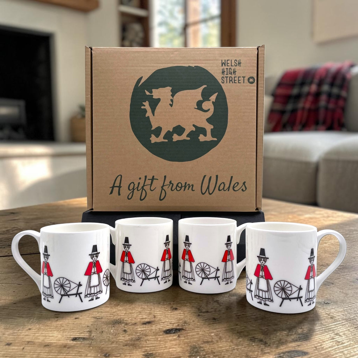 Welsh Lady Spinning Wheel Fine Bone China Mugs Set of 4 - Traditional Welsh Heritage Design and Gift Set