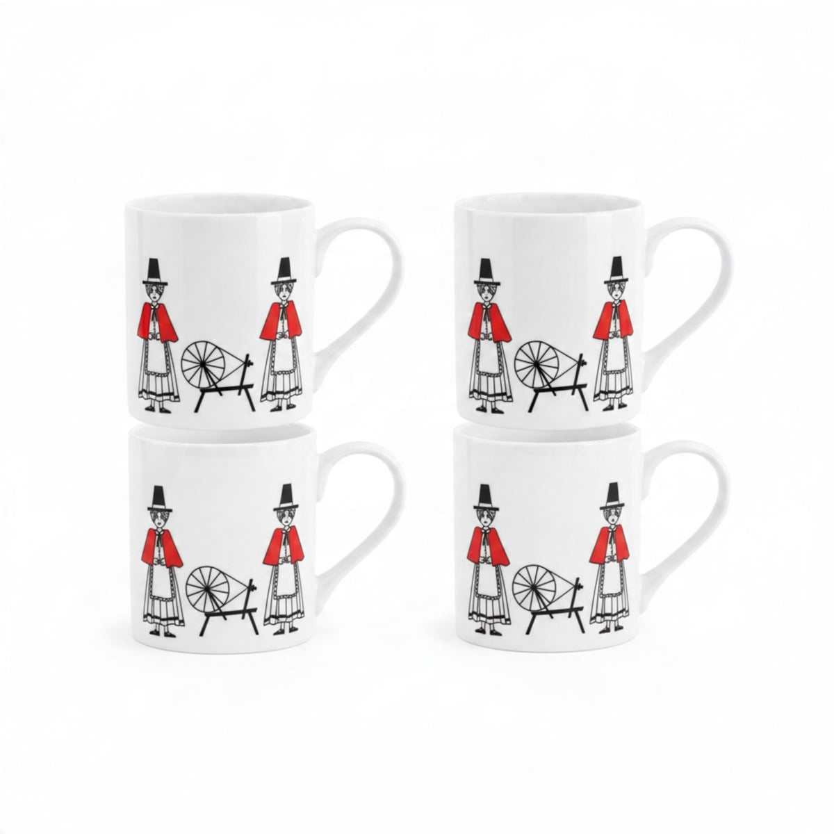 Welsh Lady Spinning Wheel Fine Bone China Mugs Set of 4 - Traditional Welsh Heritage Design and Gift Set