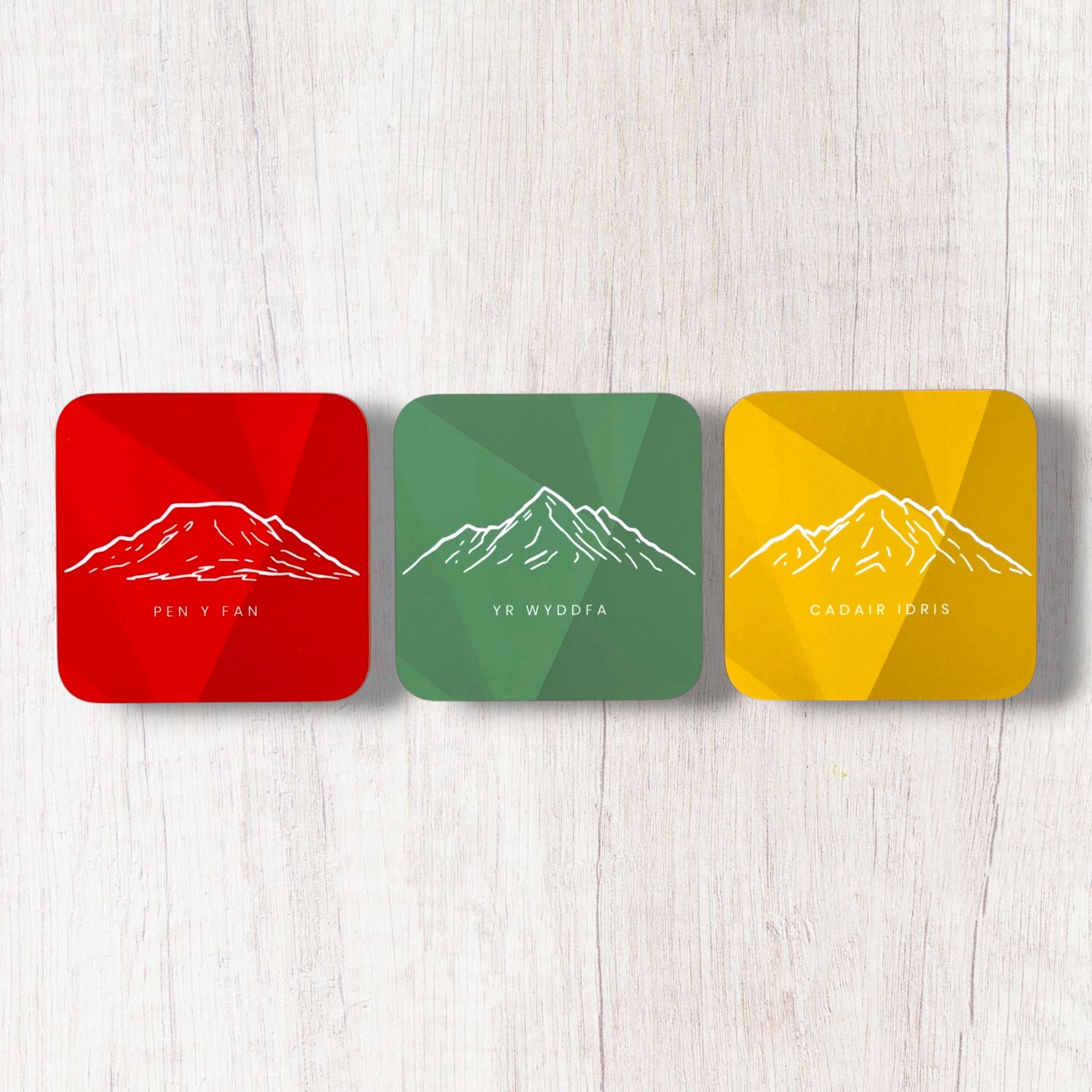 Three Welsh Peaks - Yr Wyddfa, Pen Y Fan, Cadair Idris Coloured Coaster Set
