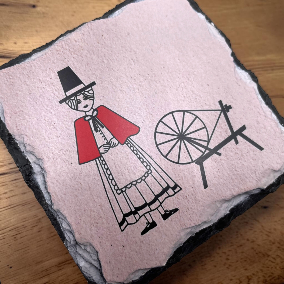 Welsh Lady Spinning Wheel Slate Coasters Set of 4 - Welsh Gifts and Rustic Home Décor