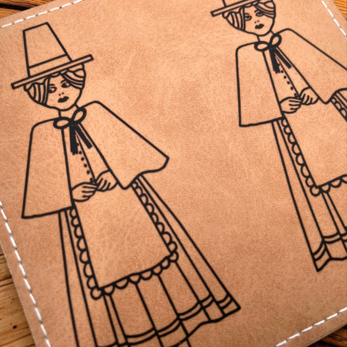 Welsh Lady Brown Faux Leather Coaster Set - Traditional Welsh Costume Design and Gift
