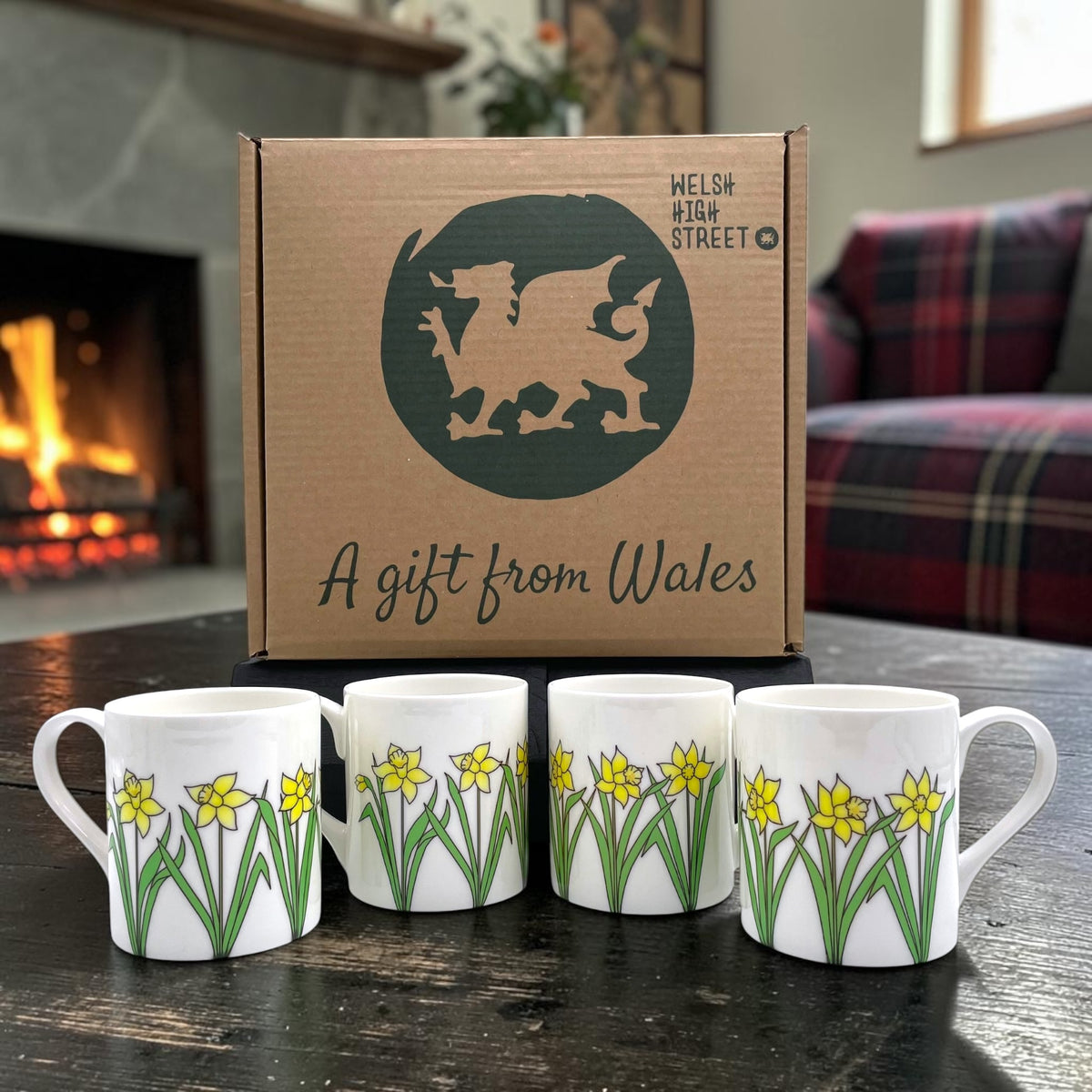 Welsh Daffodil Bone China Mugs Set of 4 - National Flower of Wales Design and Gift Set