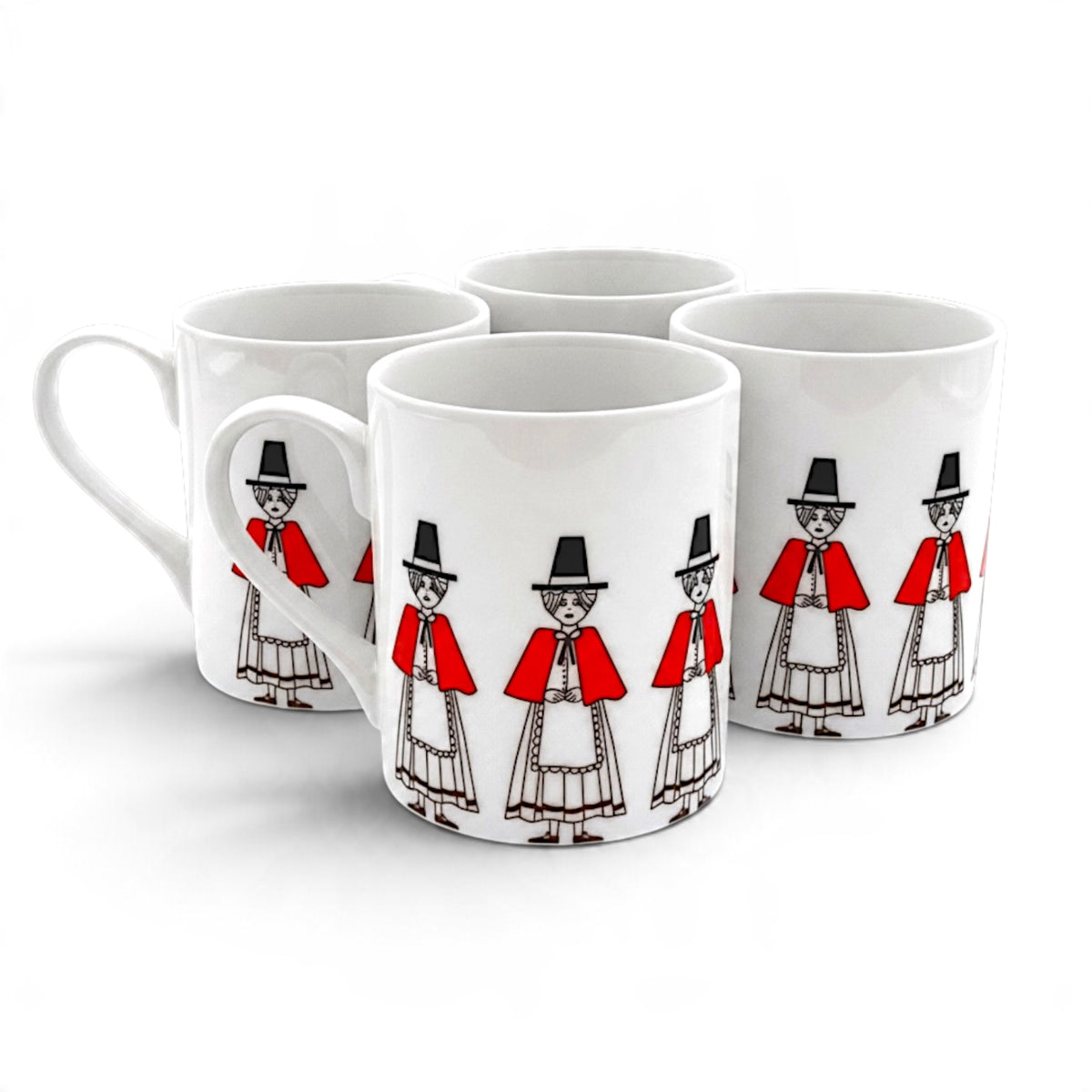 Welsh Lady Bone China Mugs Set of 4 - Traditional Welsh Costume Design and Gift Set