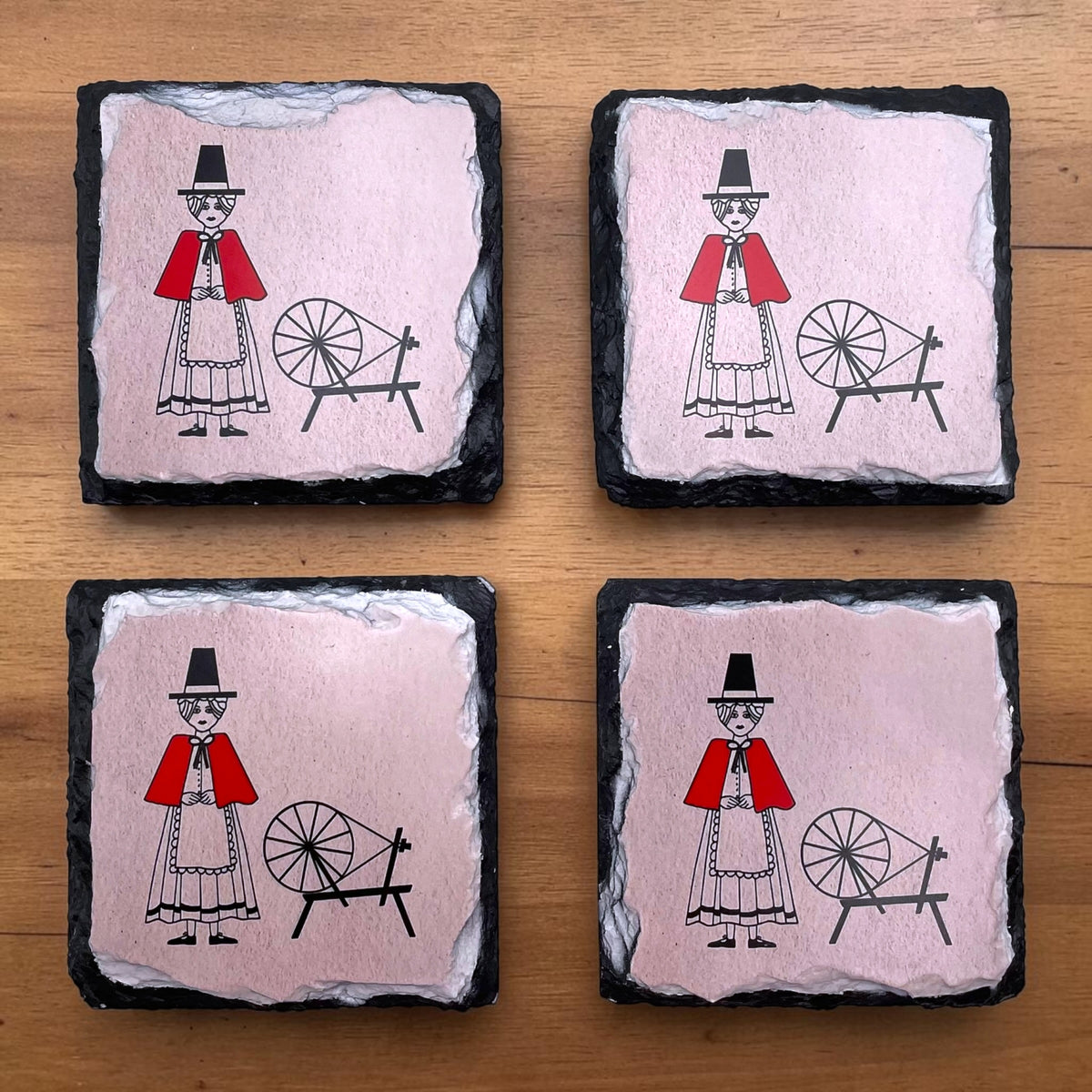 Welsh Lady Spinning Wheel Slate Coasters Set of 4 - Welsh Gifts and Rustic Home Décor