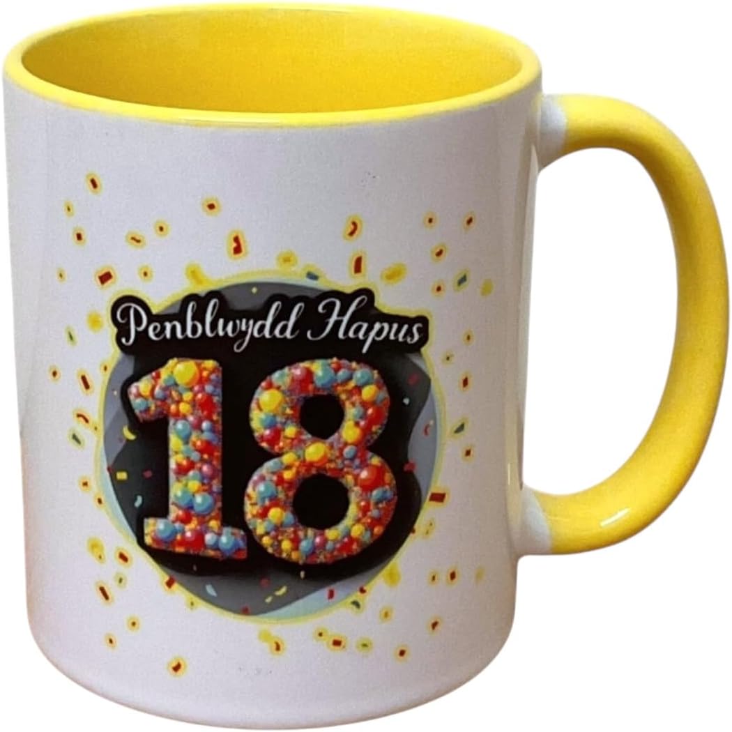 Penblwydd Hapus Happy 18th Birthday Mug - Yellow Design