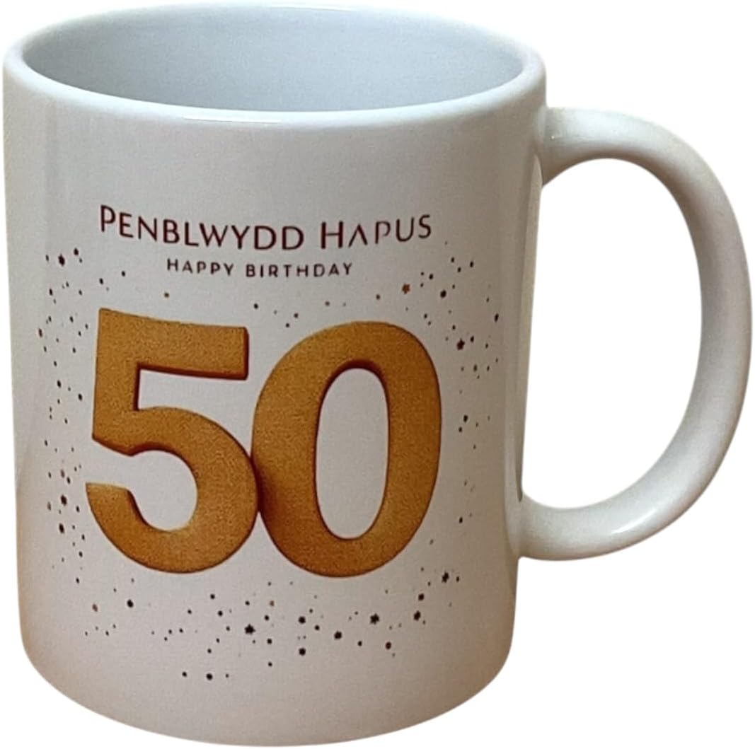 Penblwydd Hapus Happy 50th Birthday Mug - Gold Design