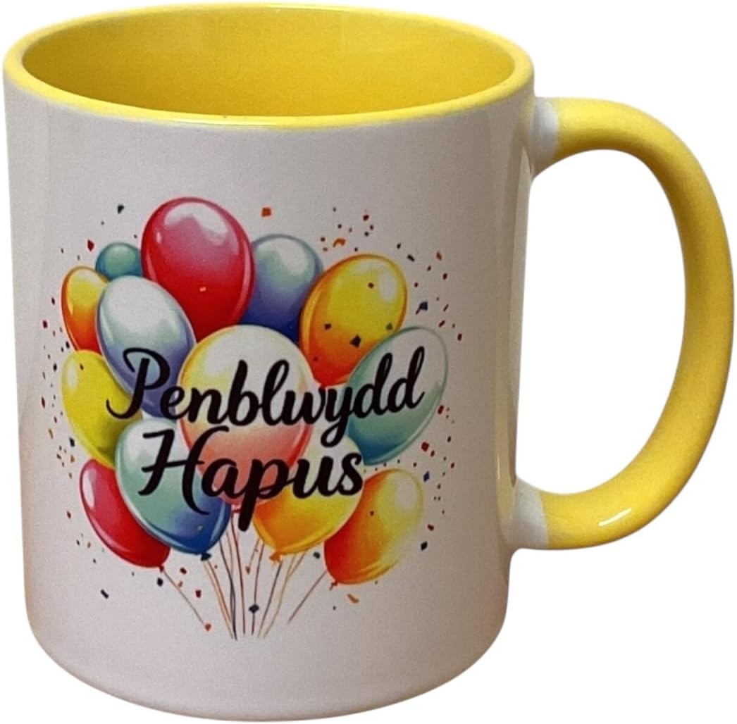 Mwg Penblwydd Hapus - Dyluniad Melyn (Penblwydd Hapus)