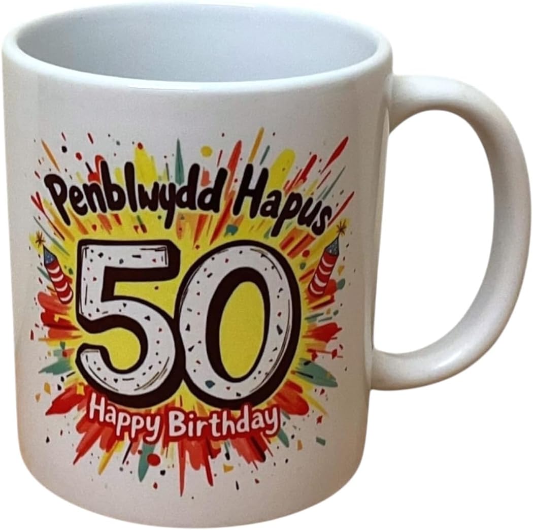 Penblwydd Hapus Happy 50th Birthday Mug - Firework Design