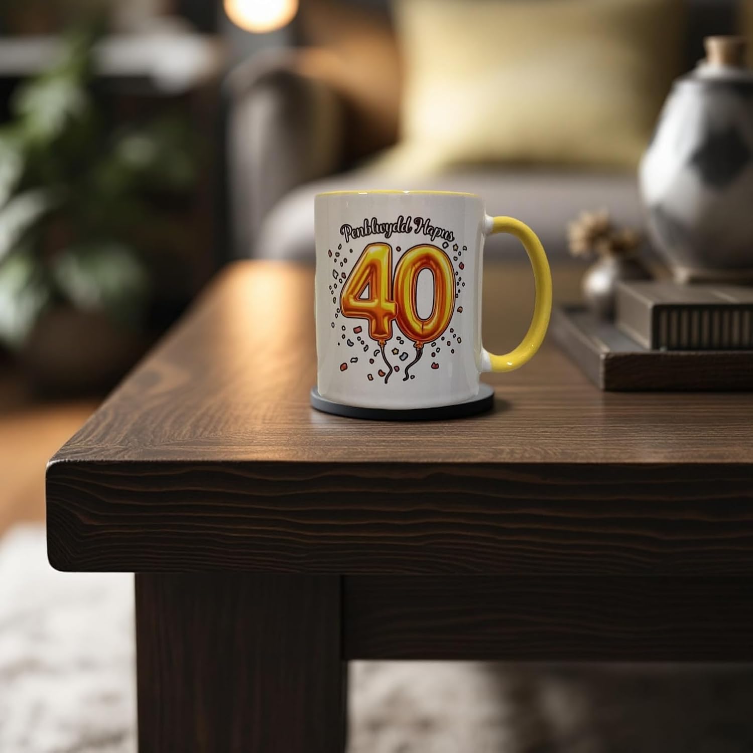 Penblwydd Hapus Happy 40th Birthday Mug - Yellow Design