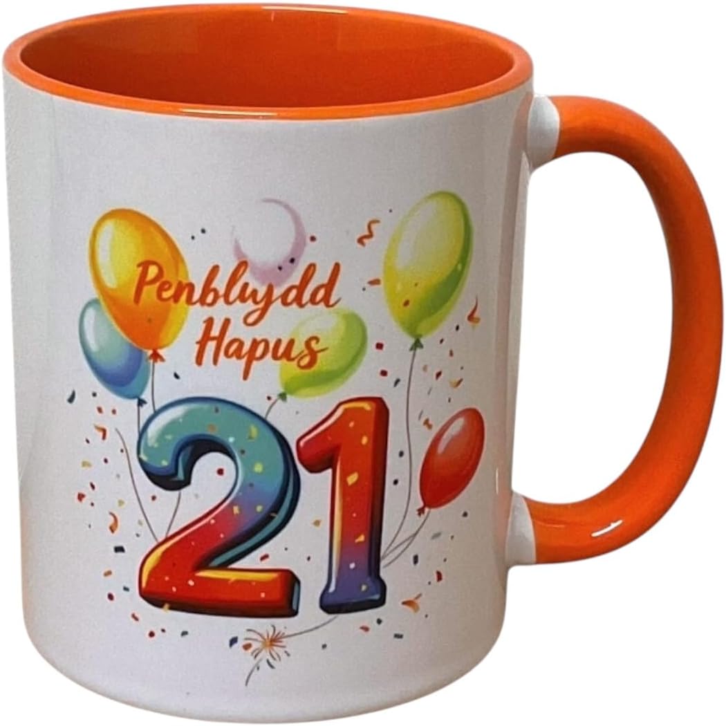 Penblwydd Hapus Happy 21st Birthday Mug - Orange Design