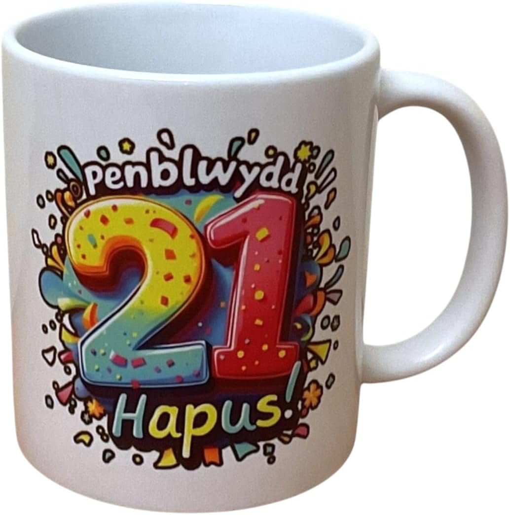 Penblwydd Hapus Happy 21st Birthday Mug - Colour design