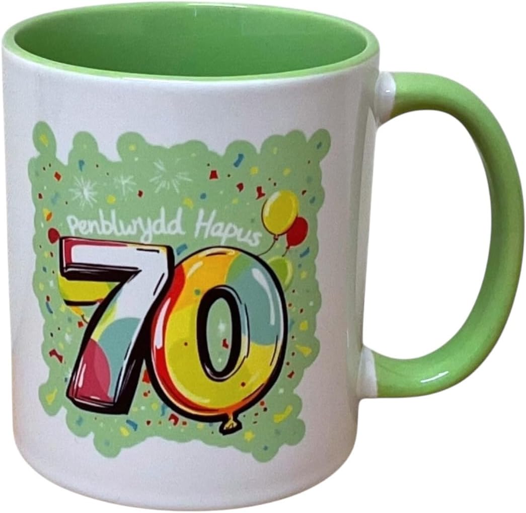 Happy 70th Birthday Mug - Green Design (Penblwydd Hapus)