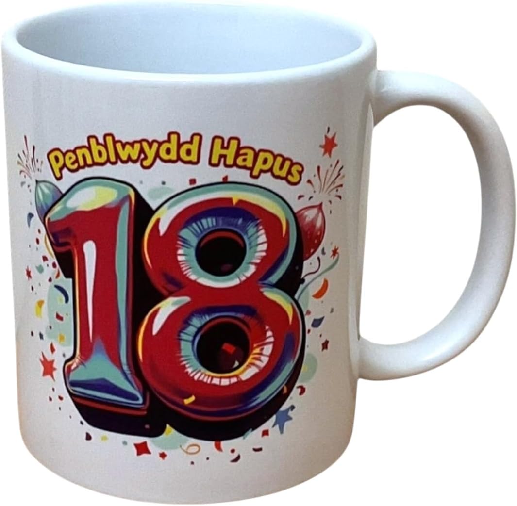 Penblwydd Hapus Mwg Penblwydd Hapus yn 18 oed - Dylunio Porffor