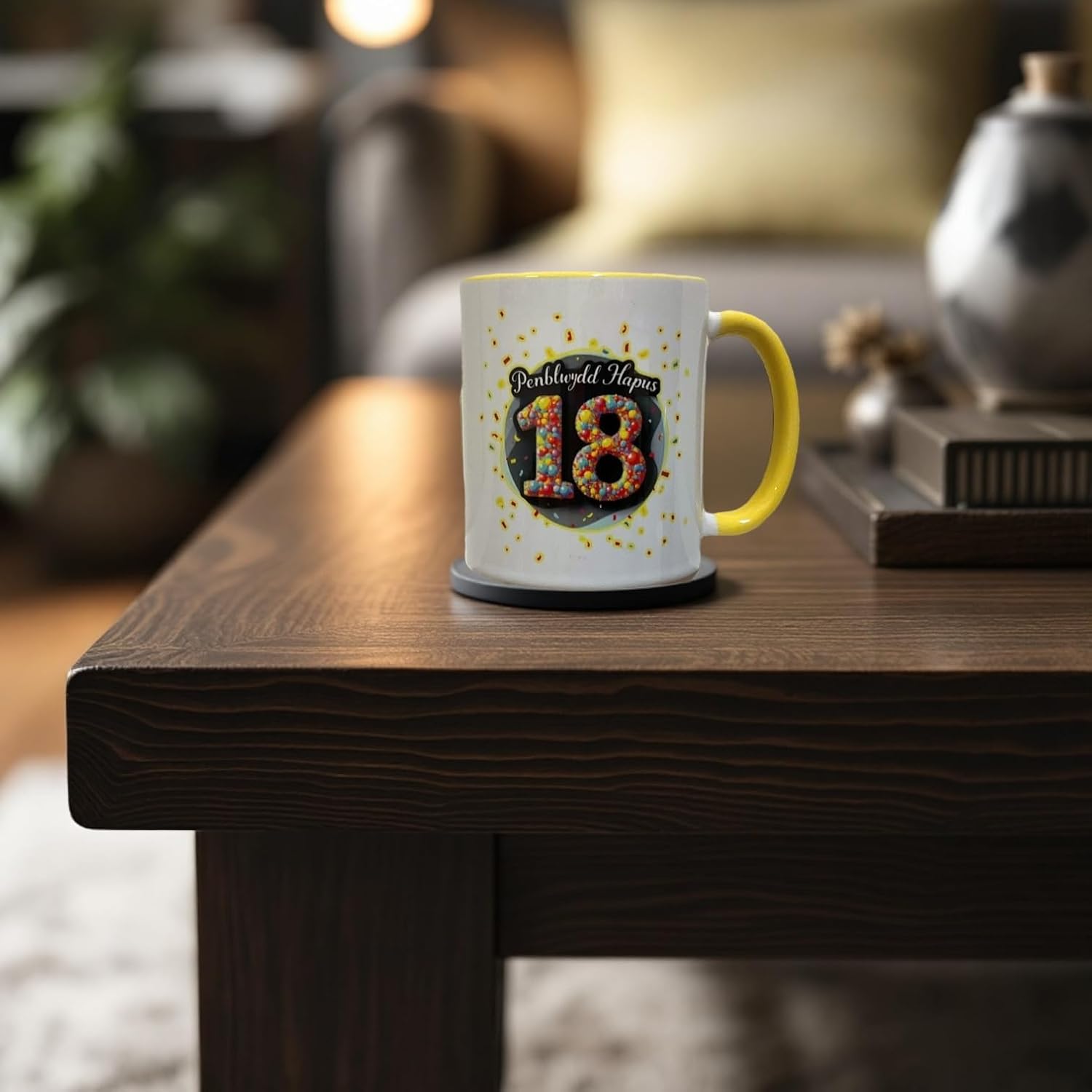 Penblwydd Hapus Happy 18th Birthday Mug - Yellow Design