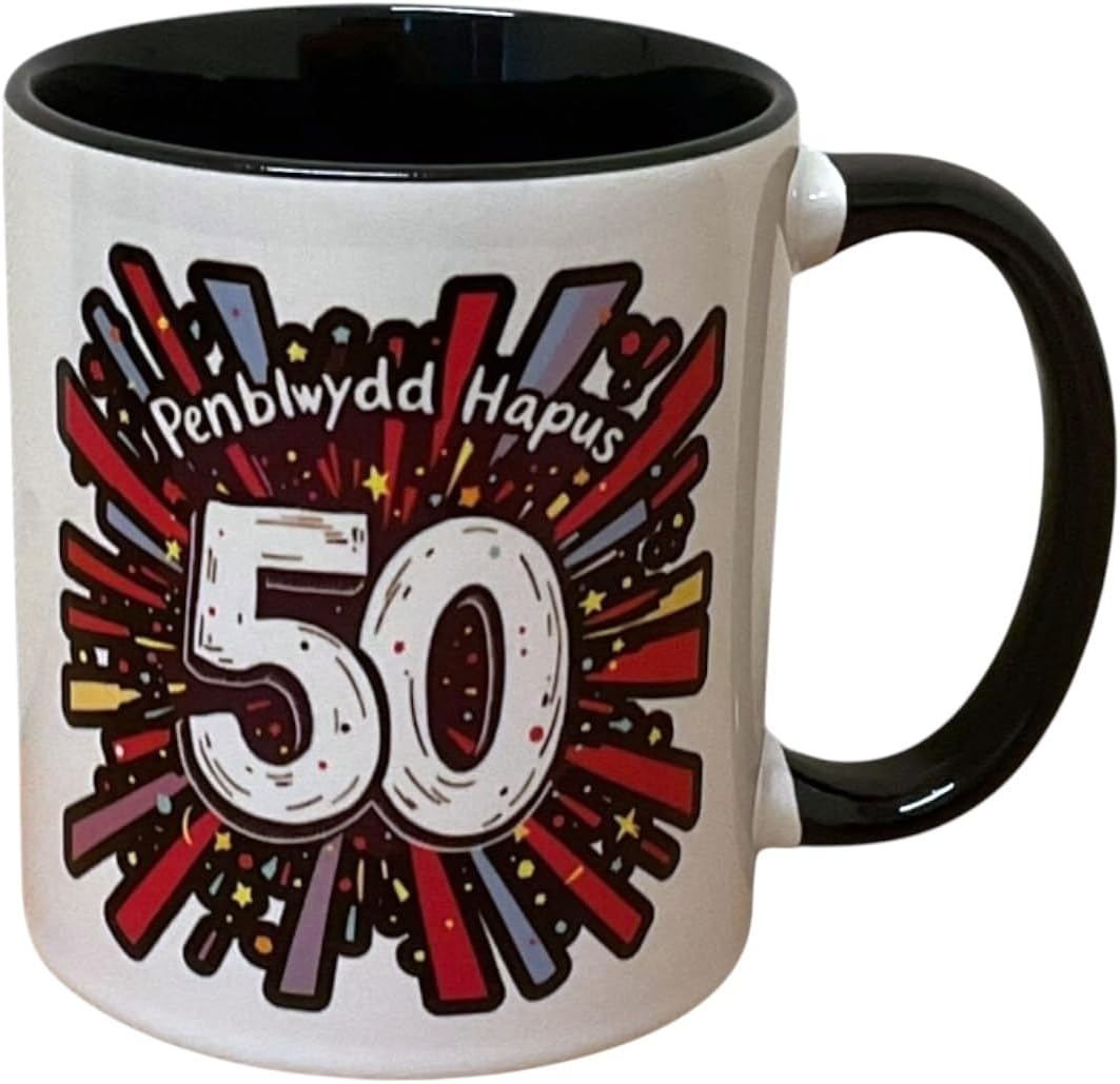 Penblwydd Hapus Happy 50th Birthday Mug - Black Design