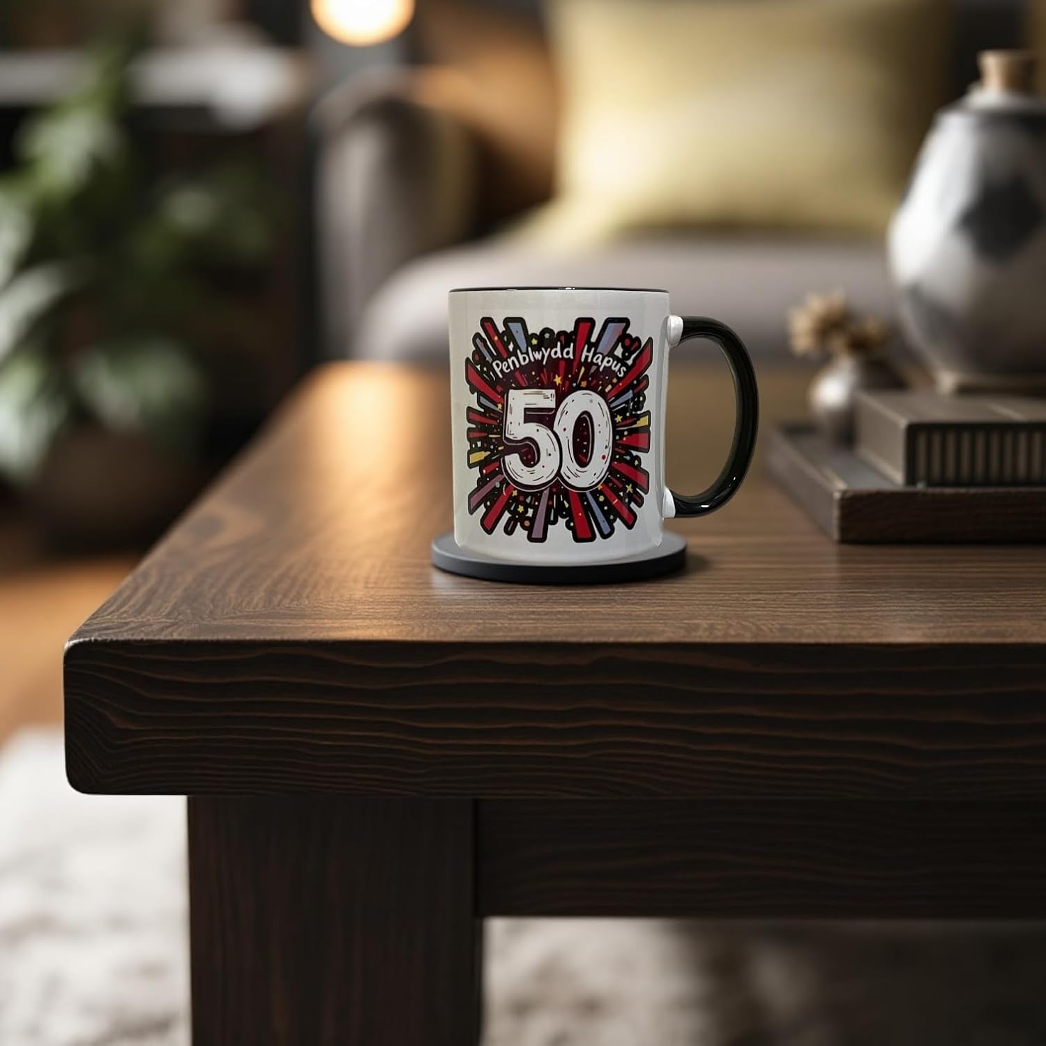 Penblwydd Hapus Happy 50th Birthday Mug - Black Design