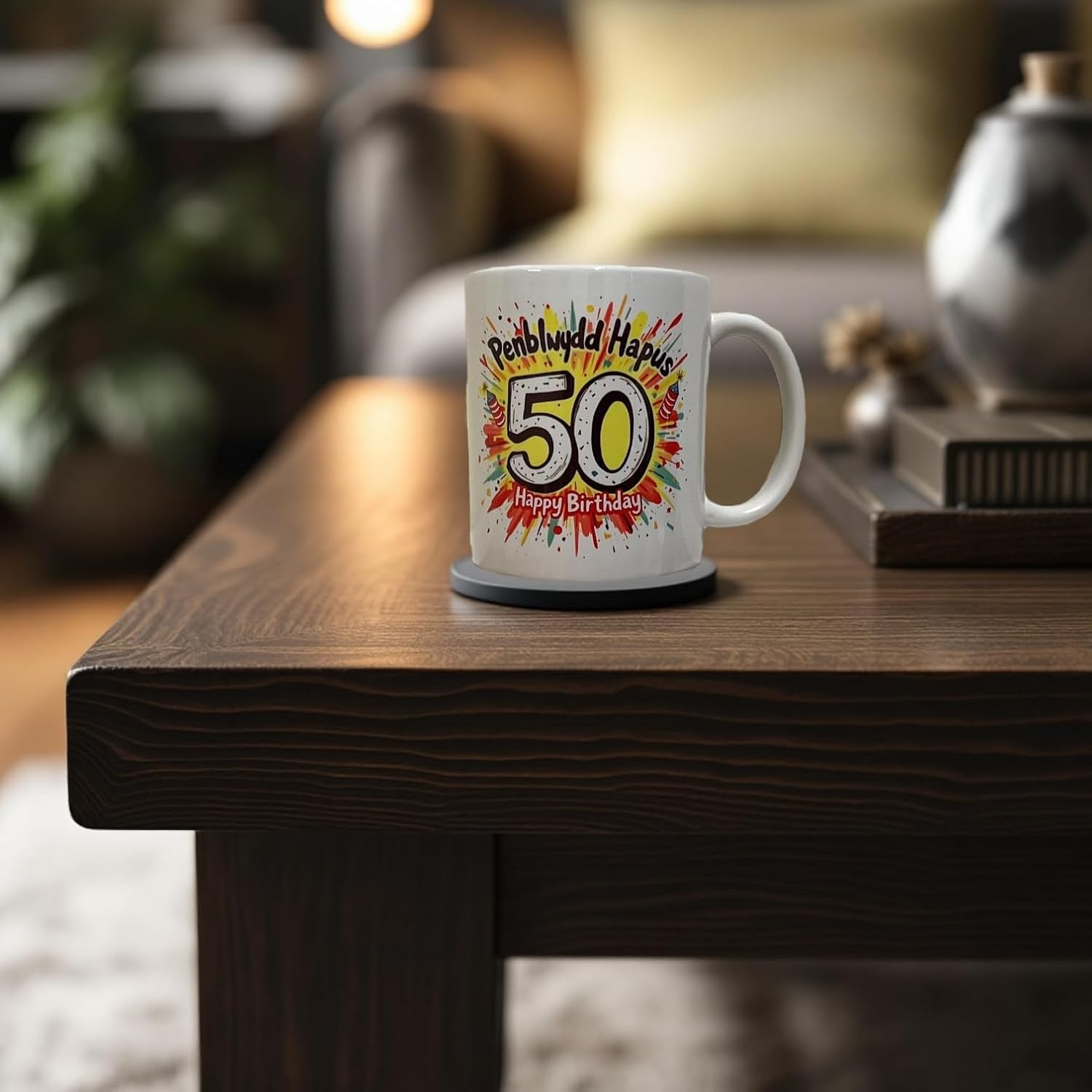 Penblwydd Hapus Happy 50th Birthday Mug - Firework Design