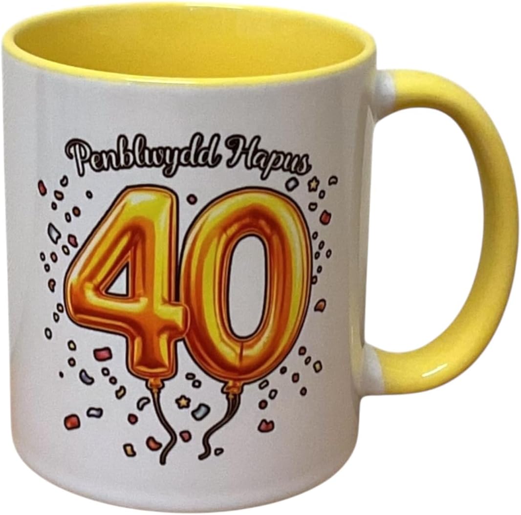 Penblwydd Hapus Happy 40th Birthday Mug - Yellow Design