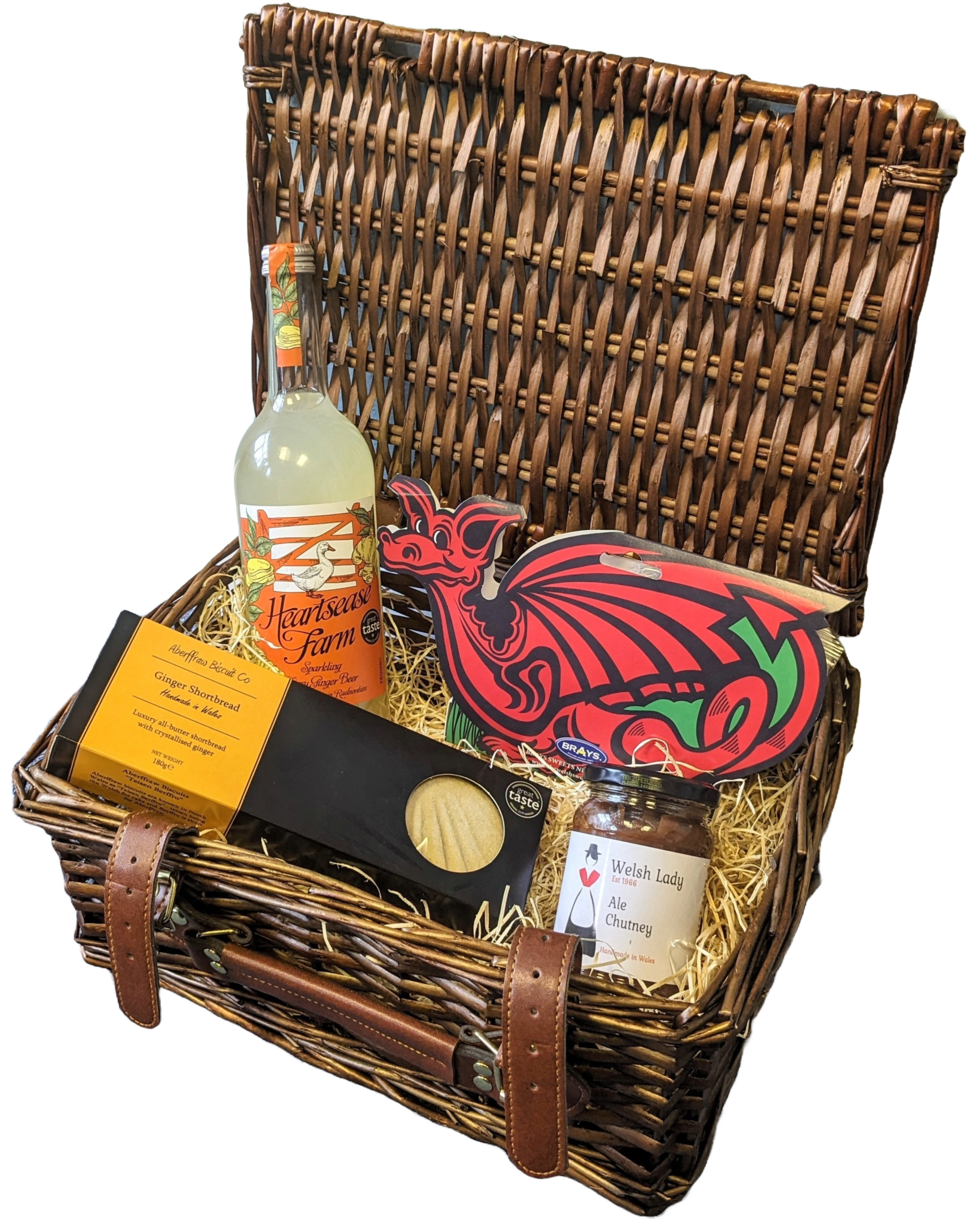 Hamper Cymreig - Cwrw Sinsir, Bara Byr Sinsir, Siytni Cwrw a Chyffug