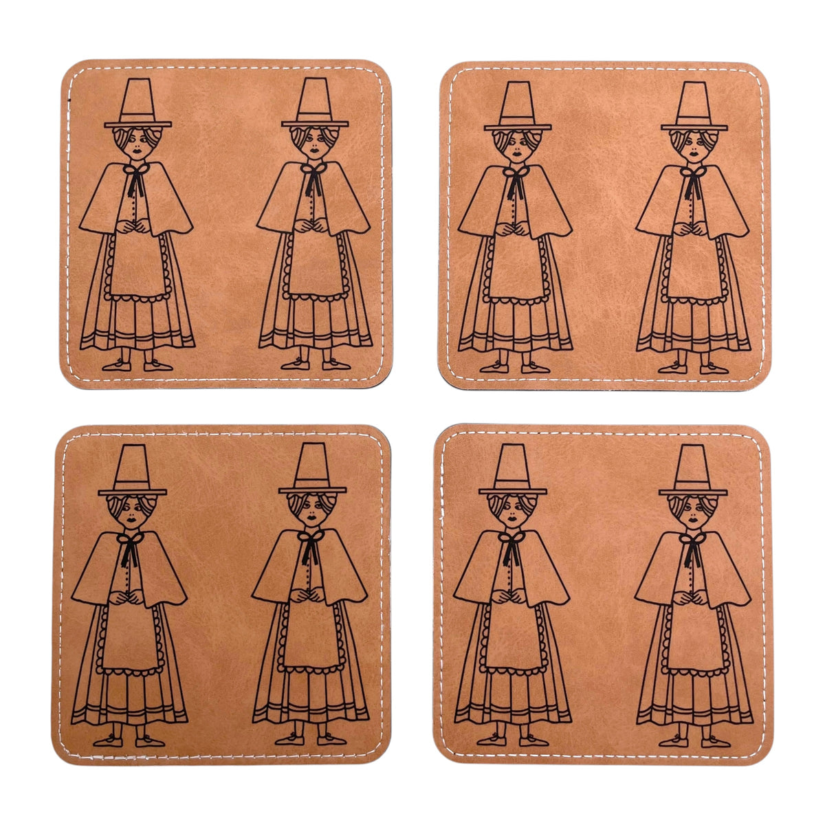 Welsh Lady Brown Faux Leather Coaster Set - Traditional Welsh Costume Design and Gift