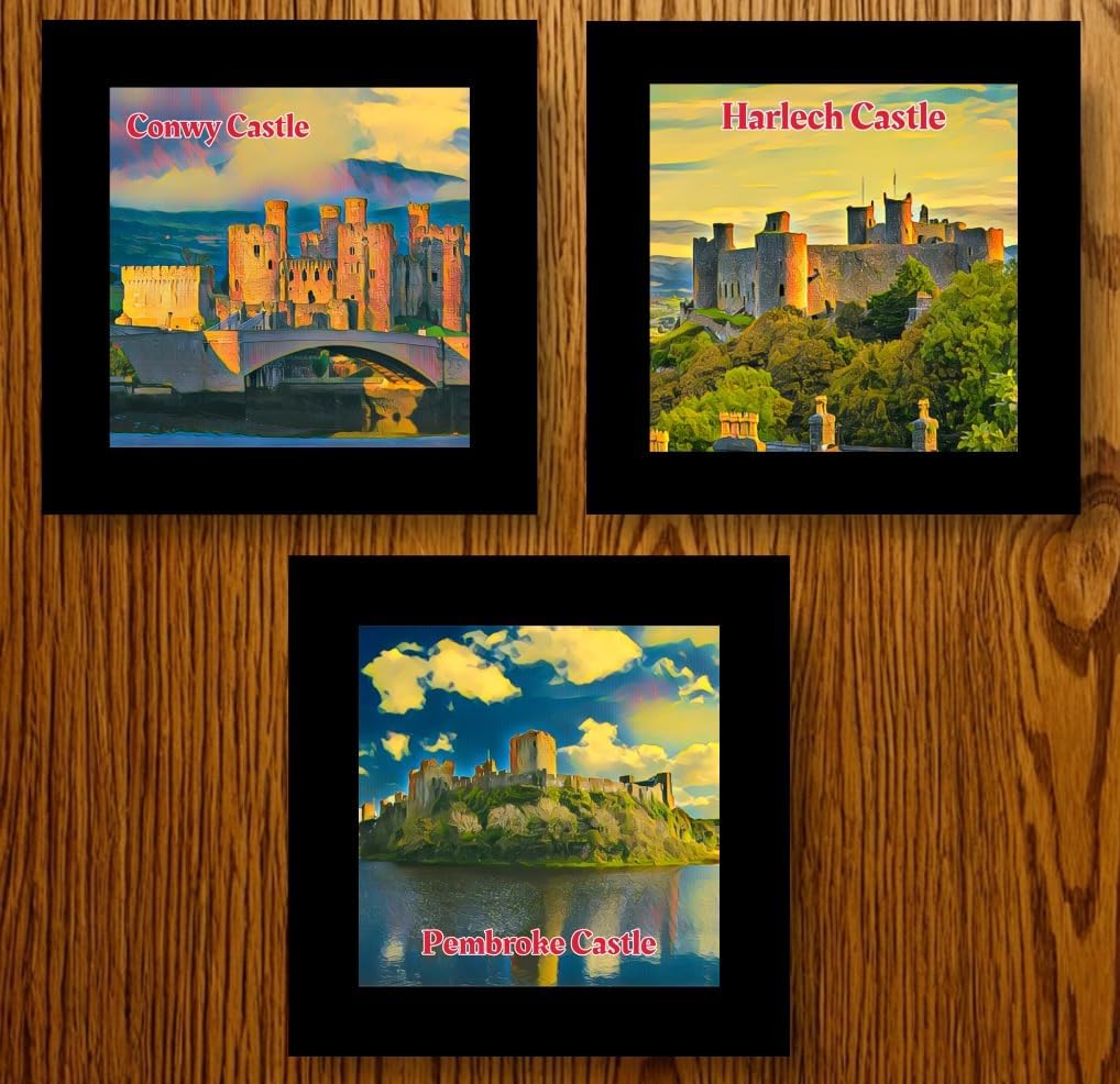 Three Welsh Castles Glass Coaster Set (Harlech, Pembroke, Conwy)