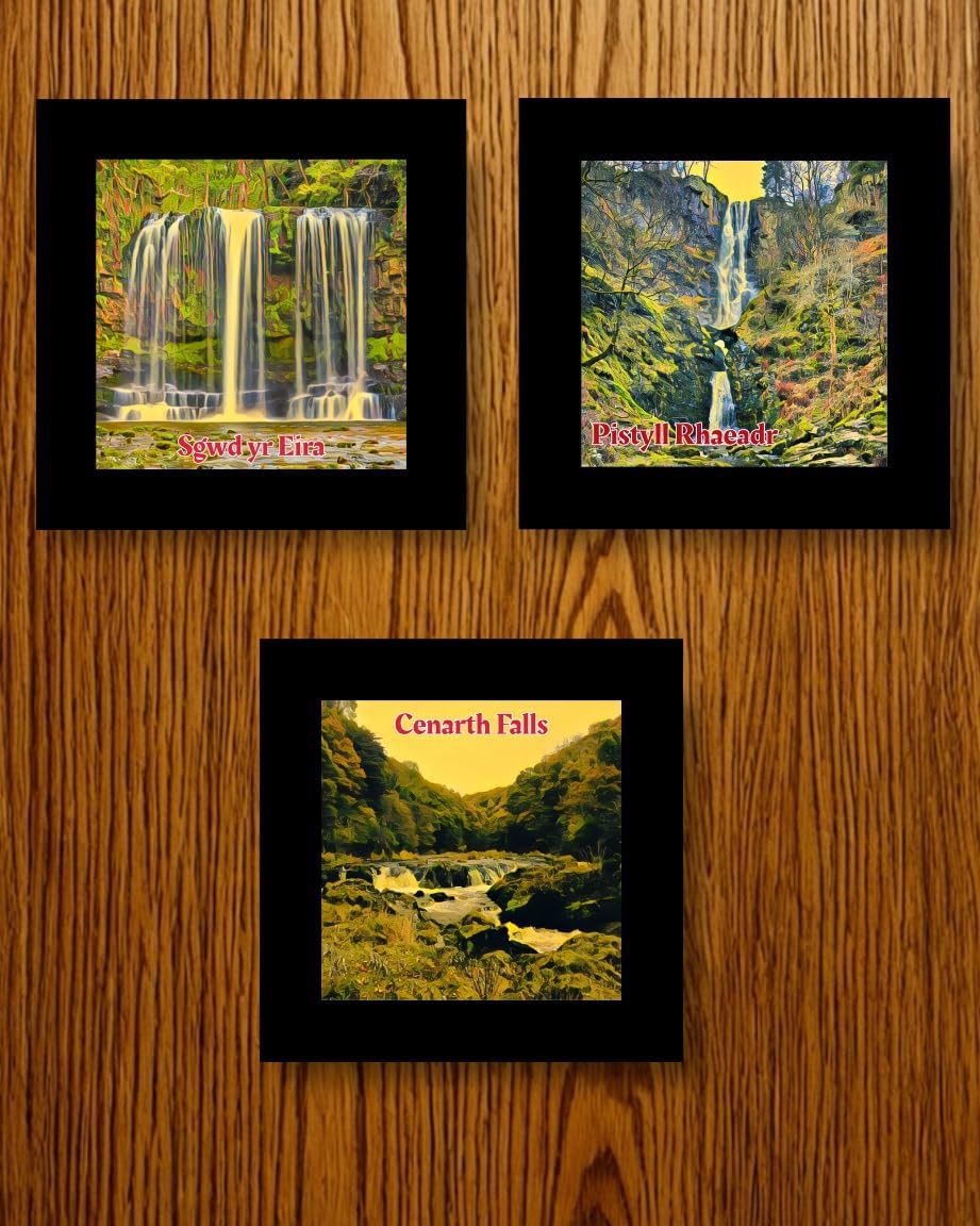 hree Set Coaster Glass Waterfalls Welsh (Pistyll Rhaeadr, Sgwd yr Eira, Rhaeadr Cenarth)