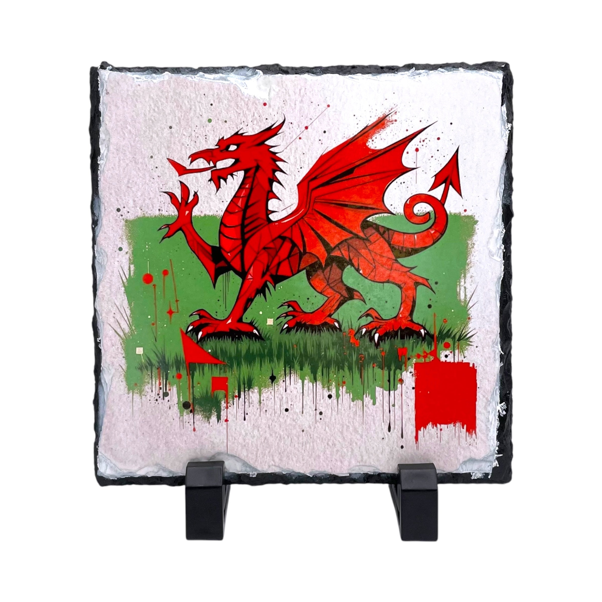 Welsh Dragon Splatter Art Slate Display Tile