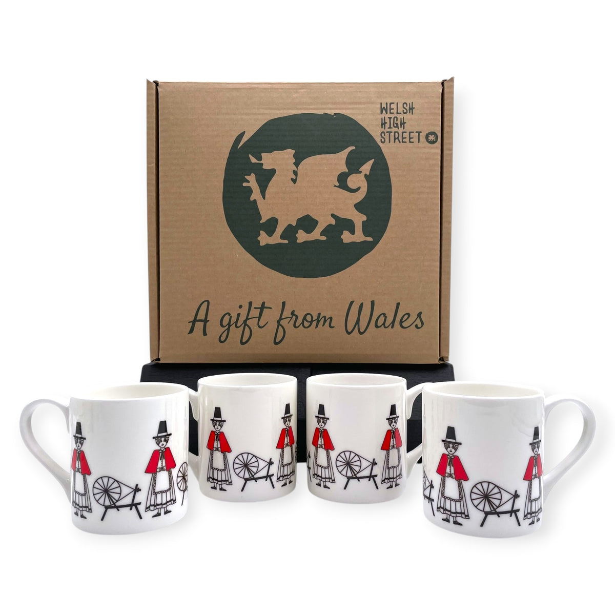 Welsh Lady Spinning Wheel Fine Bone China Mugs Set of 4 - Traditional Welsh Heritage Design and Gift Set