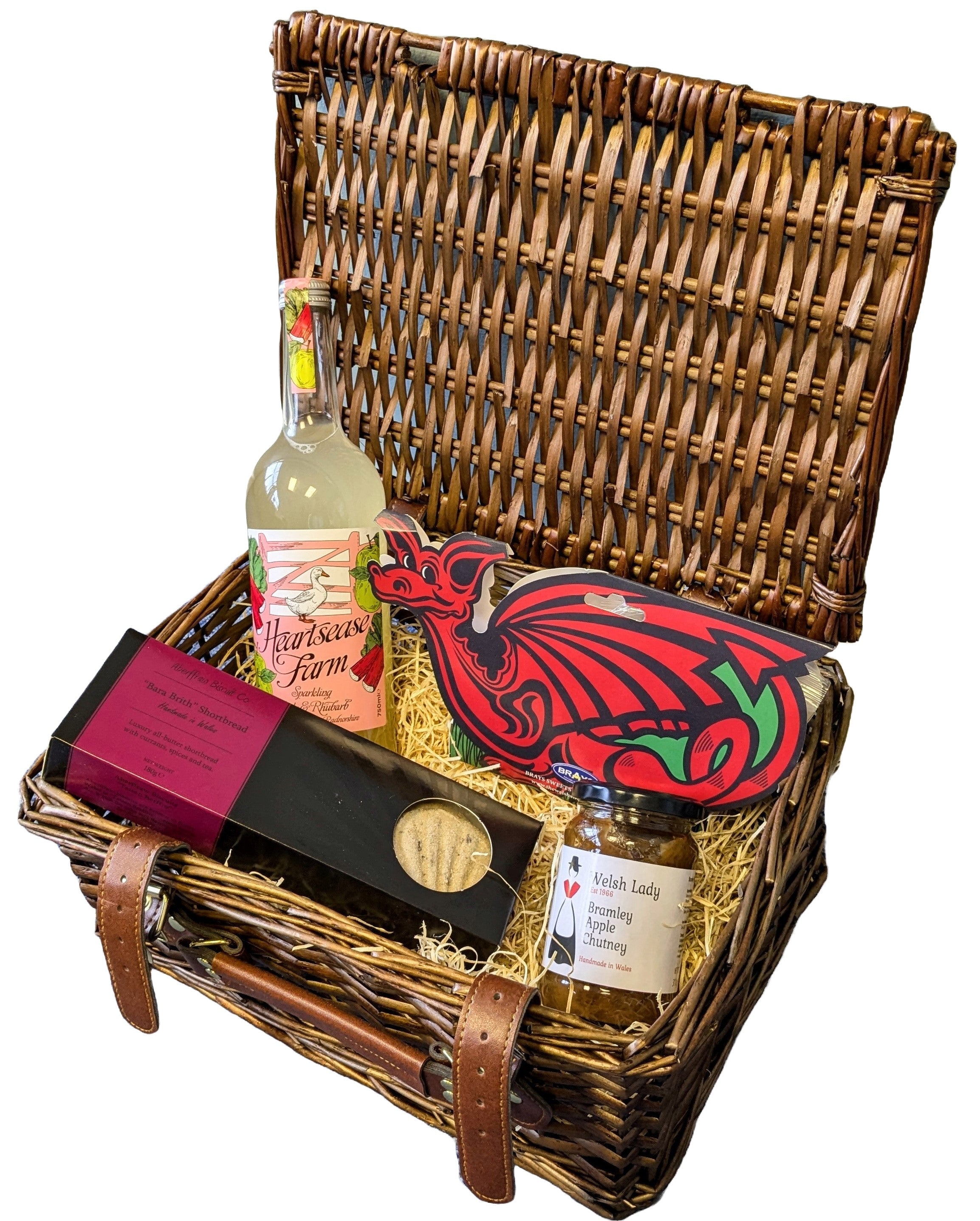 Hamper Cymreig - Afal Pefriog a Riwbob, Bara Brith Byr, Siytni Afal a Chyffug