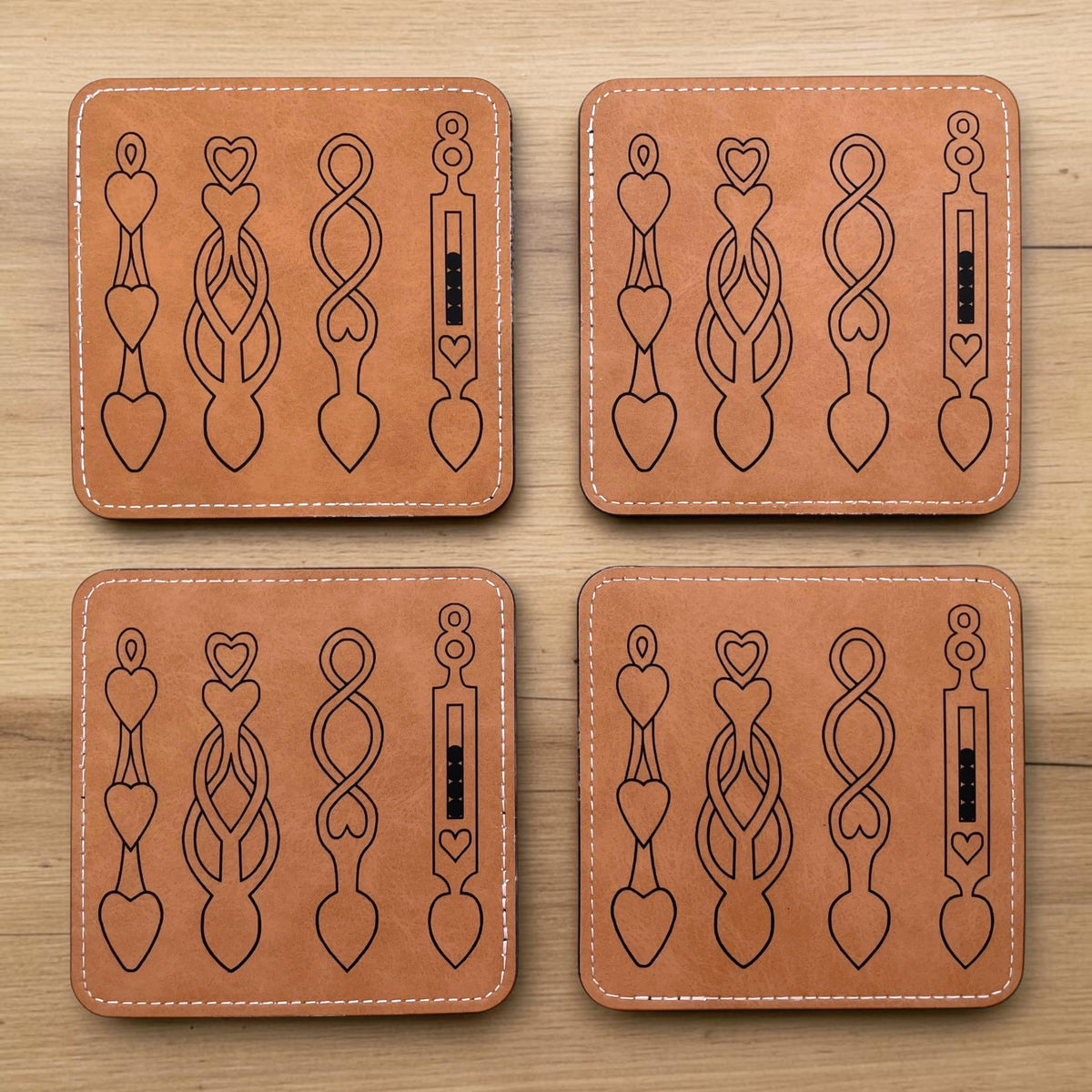 Welsh Love Spoon Brown Faux Leather Coaster Set - Traditional Welsh Gifts and Drink Coasters