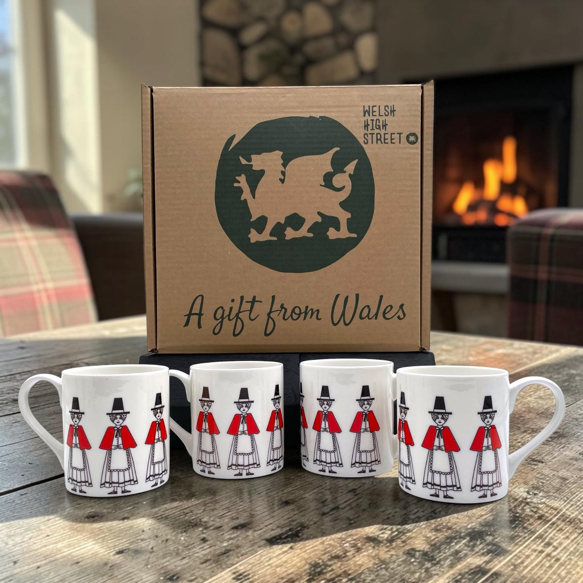 Welsh Lady Bone China Mugs Set of 4 - Traditional Welsh Costume Design and Gift Set