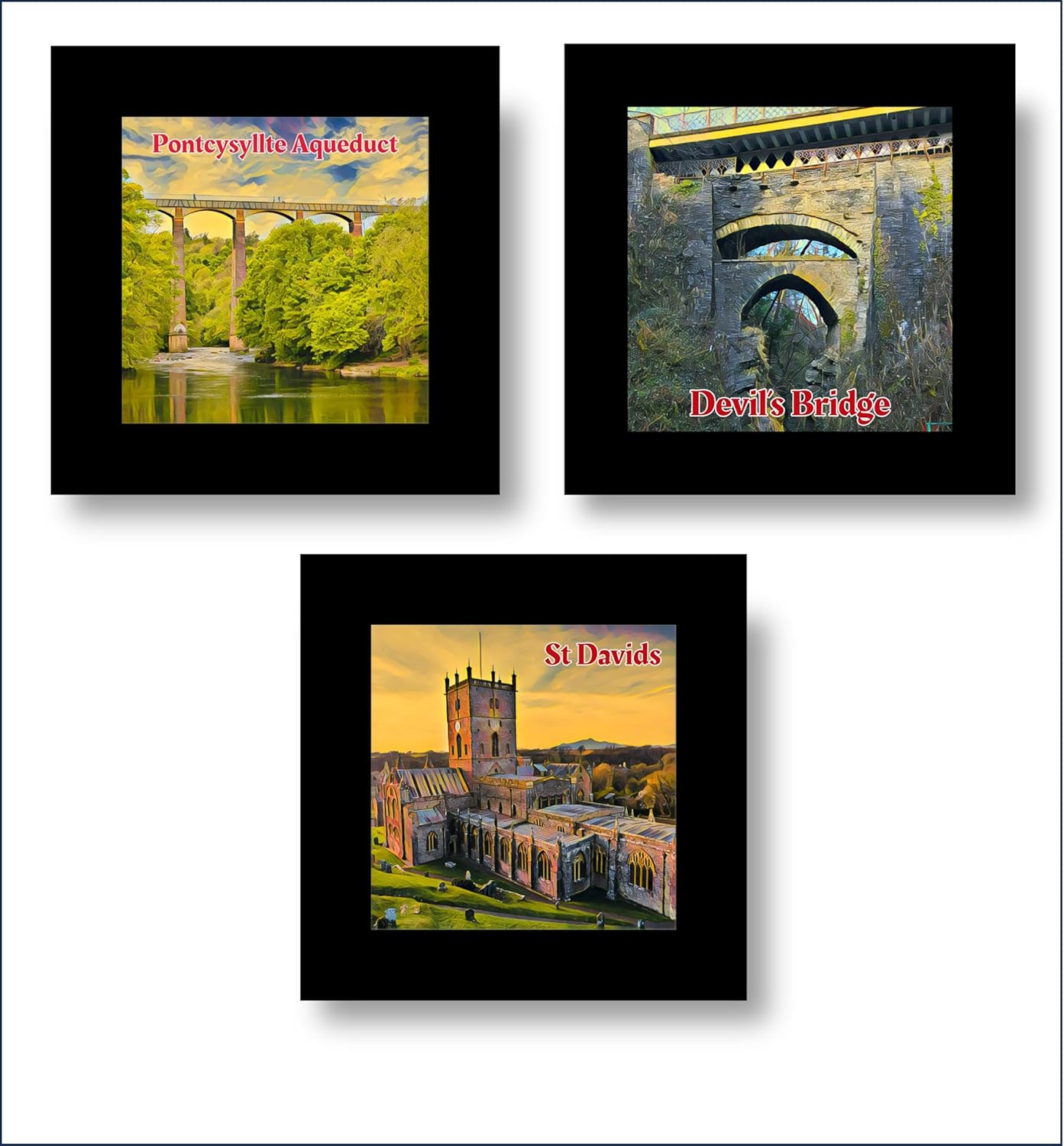 Three Welsh Landmarks Coaster Set (Devil's Bridge, St David's, Pontcysyllte Aqueduct)