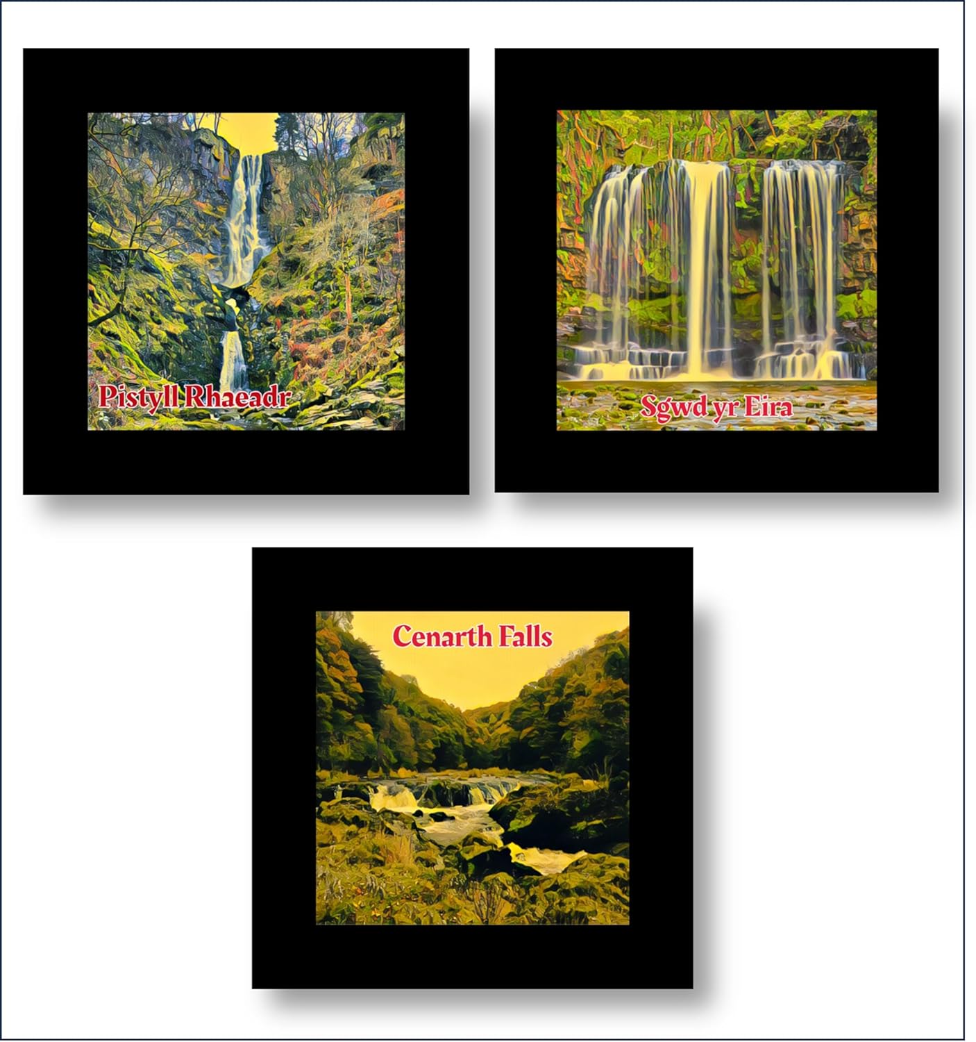 hree Set Coaster Glass Waterfalls Welsh (Pistyll Rhaeadr, Sgwd yr Eira, Rhaeadr Cenarth)