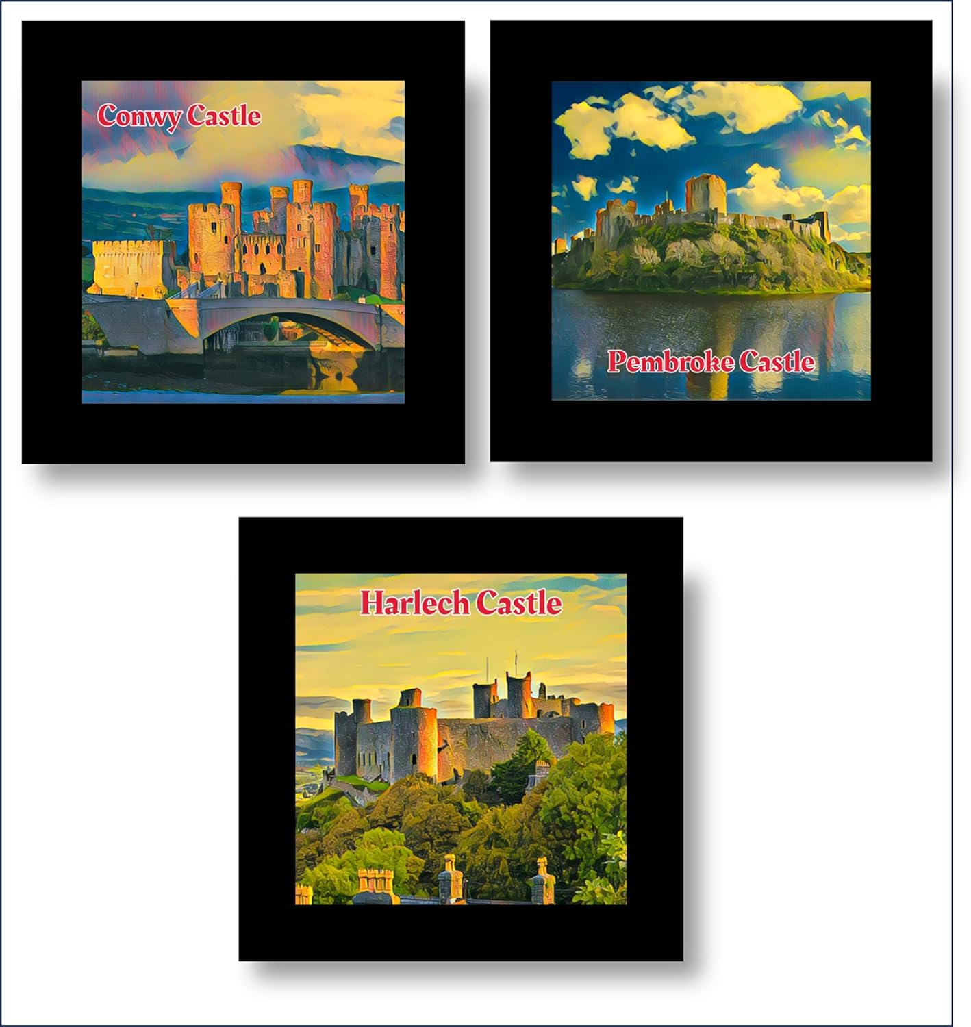 Three Welsh Castles Glass Coaster Set (Harlech, Pembroke, Conwy)