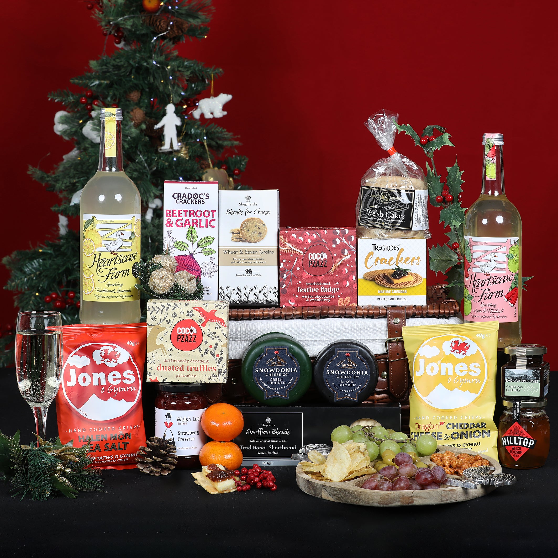 Hamper Nadolig Cymru - Set Anrhegion Hamper Picnic Gourmet Nadolig Bwyd a Diod