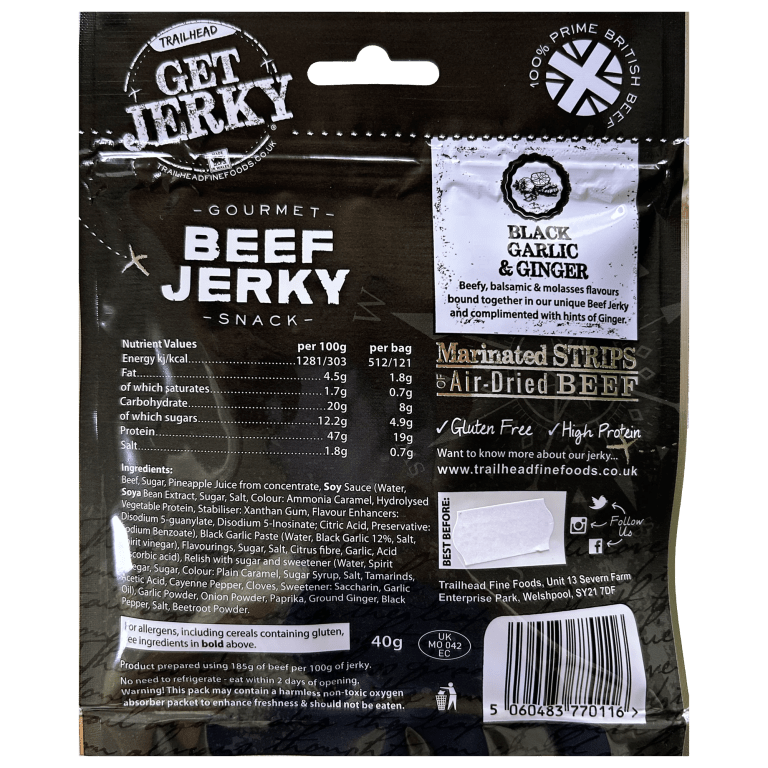 Trailhead Get Jerky Black Garlic & Ginger Beef Jerky - 40g