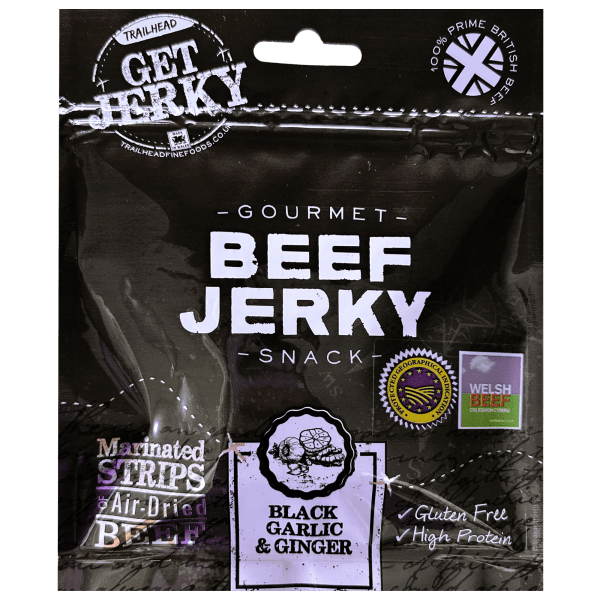 Jerci Cig Eidion Garlleg Du a Sinsir Trailhead Get Jerky - 40g