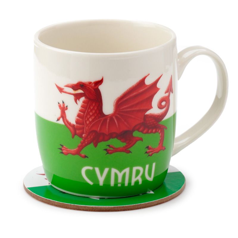 Set Mwg Porslen a Matiau Arfordir Cymru Draig Gymreig