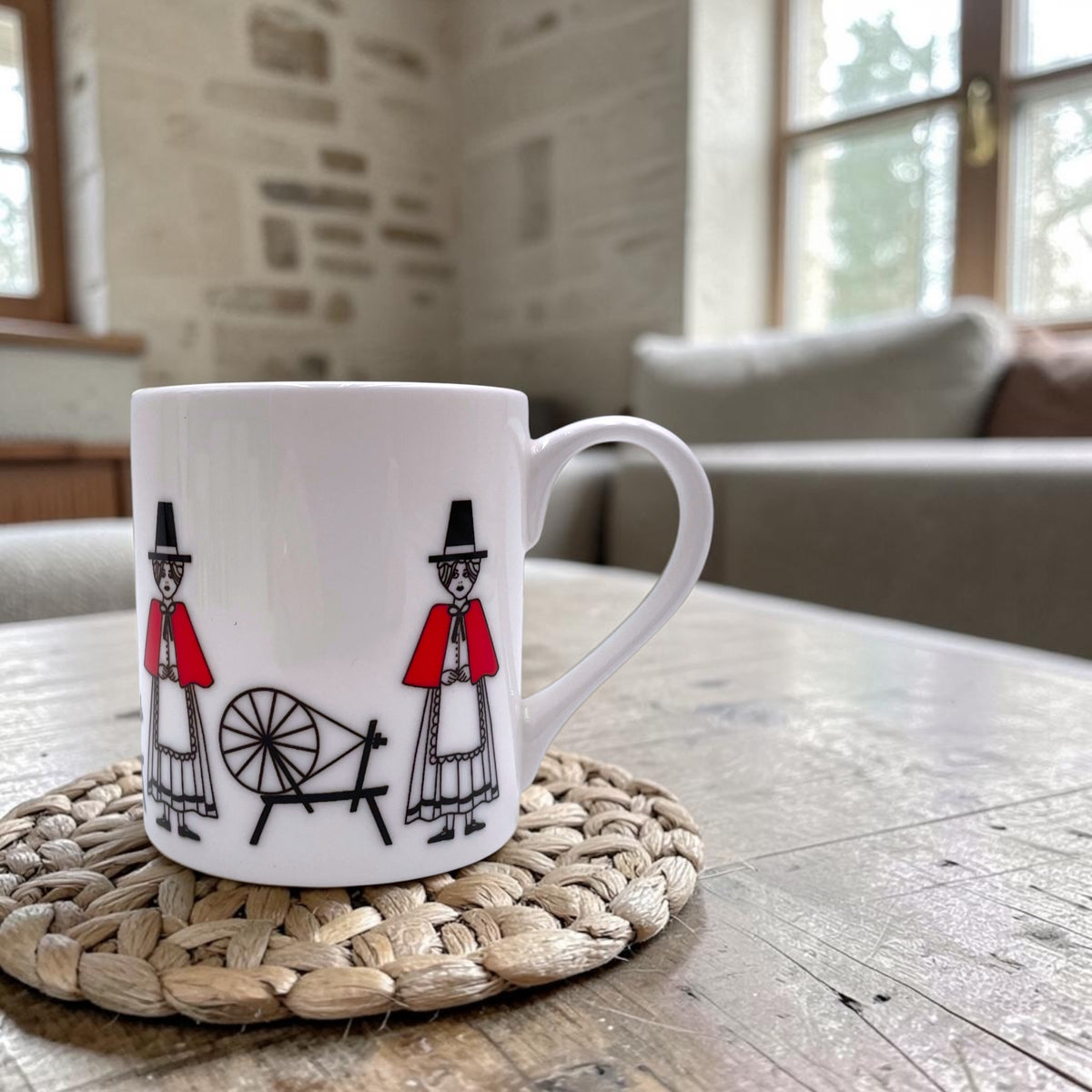 Welsh Lady Spinning Wheel Fine Bone China Mugs Set of 4 - Traditional Welsh Heritage Design and Gift Set