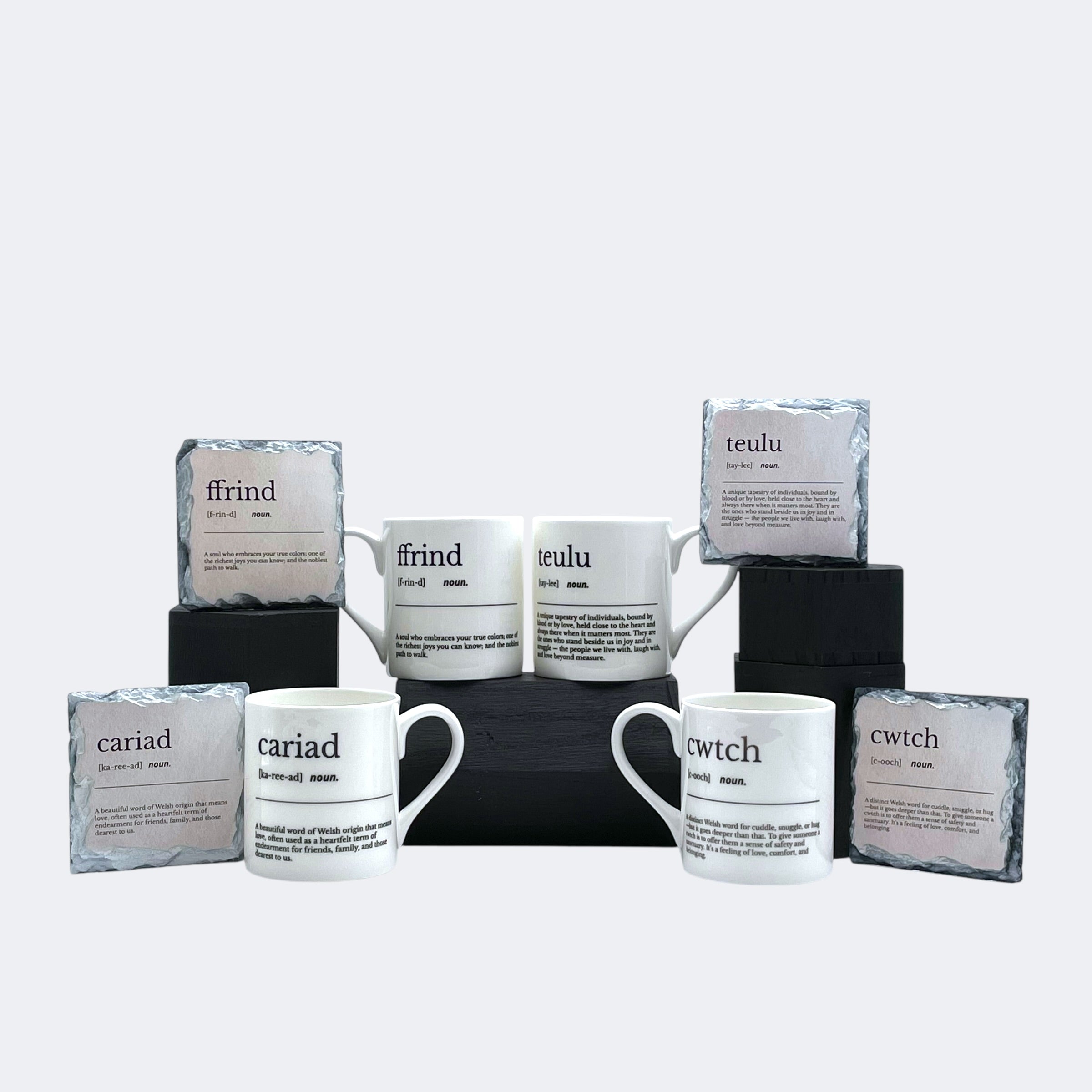Welsh Noun Descriptive Bone China Mug and Slate Coaster Set