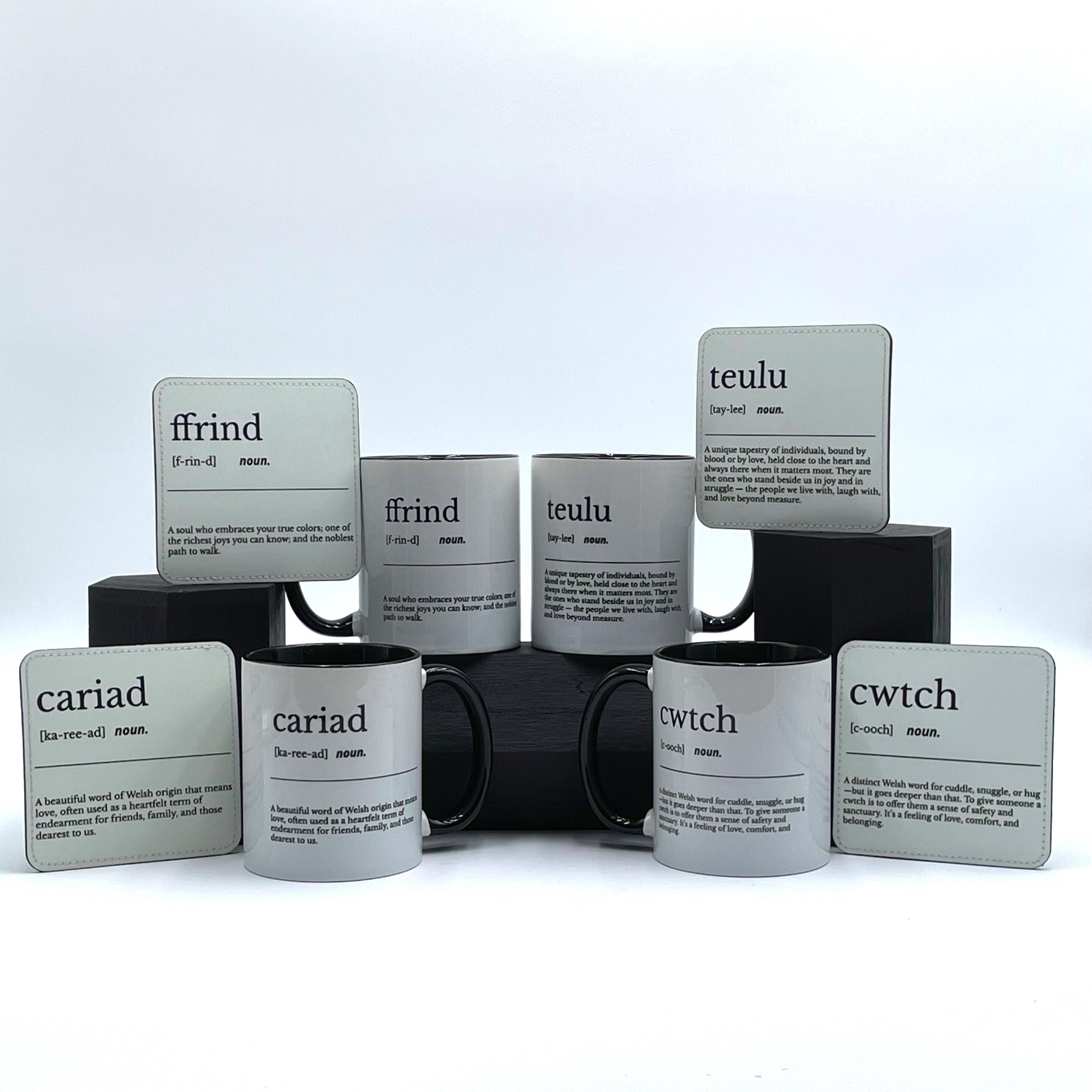 Set Anrheg Mygiau a Choster Disgrifiadol Enwau Cymraeg