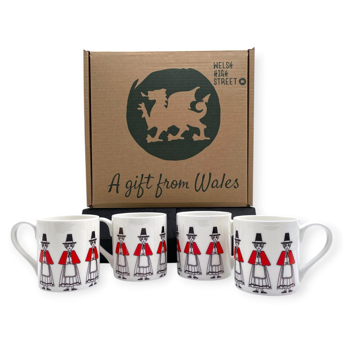Welsh Lady Bone China Mugs Set of 4 - Traditional Welsh Costume Design and Gift Set