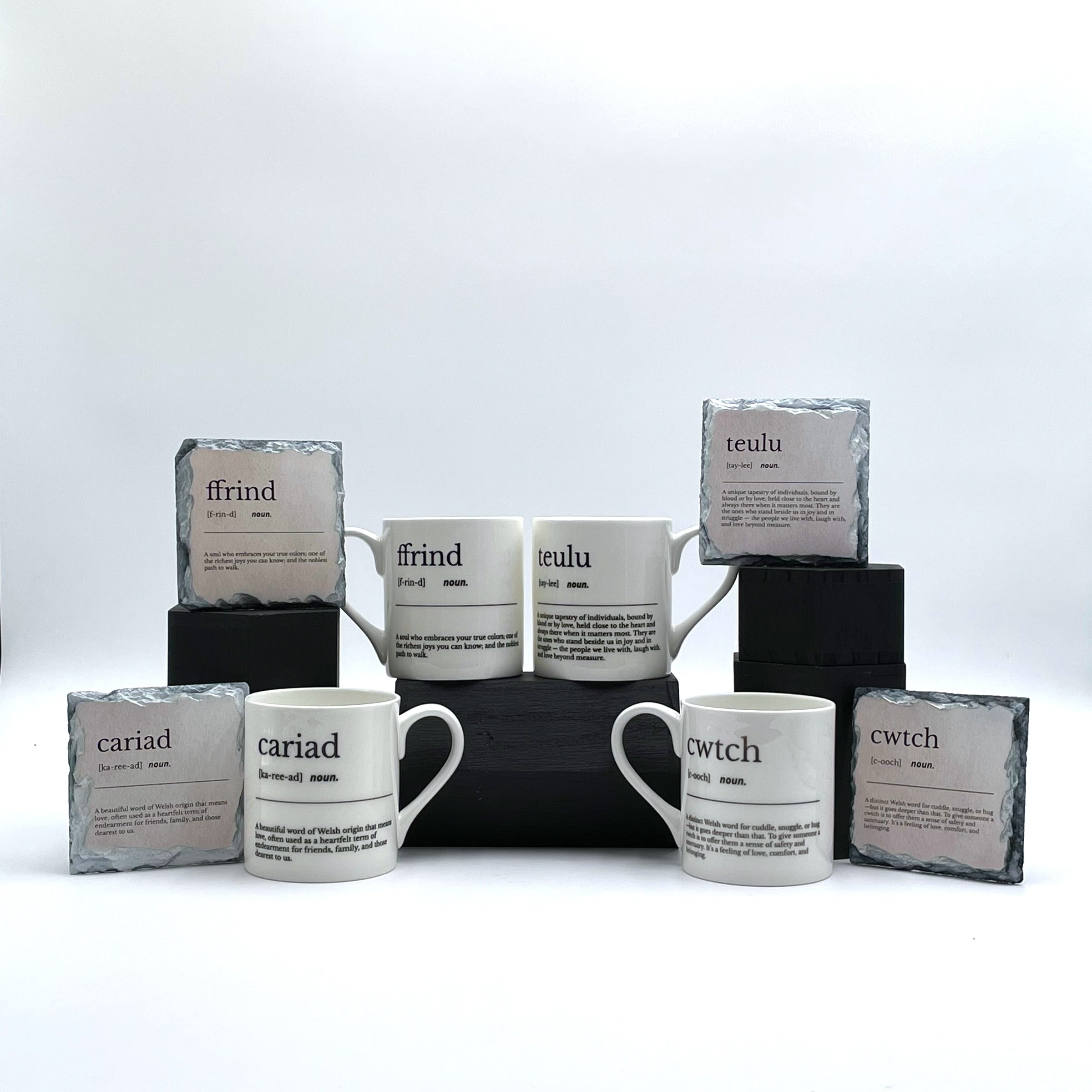 Set Mwg a Choster Llechen o Tsieina Asgwrn Disgrifiadol Enwau Cymraeg