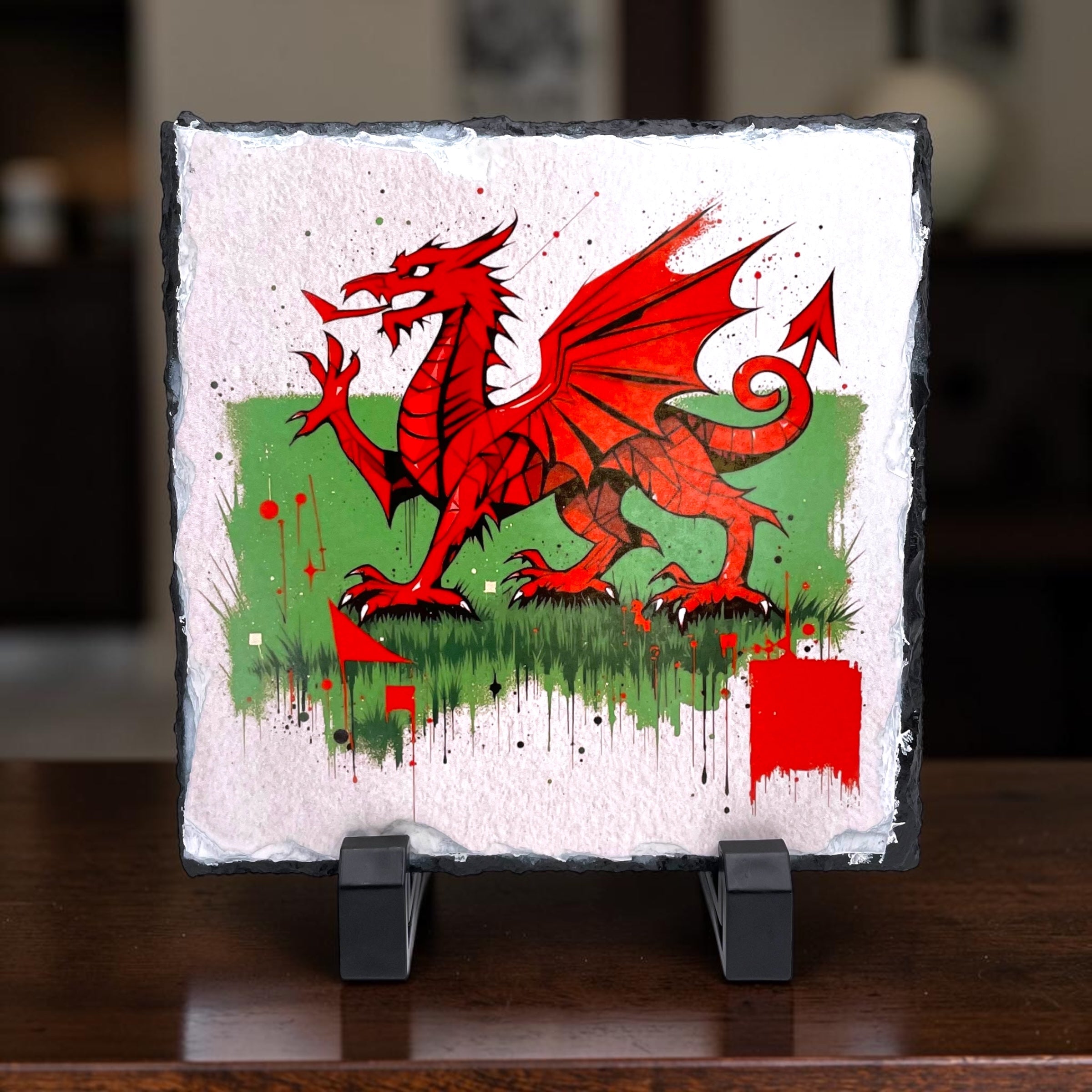 Welsh Dragon Splatter Art Slate Display Tile