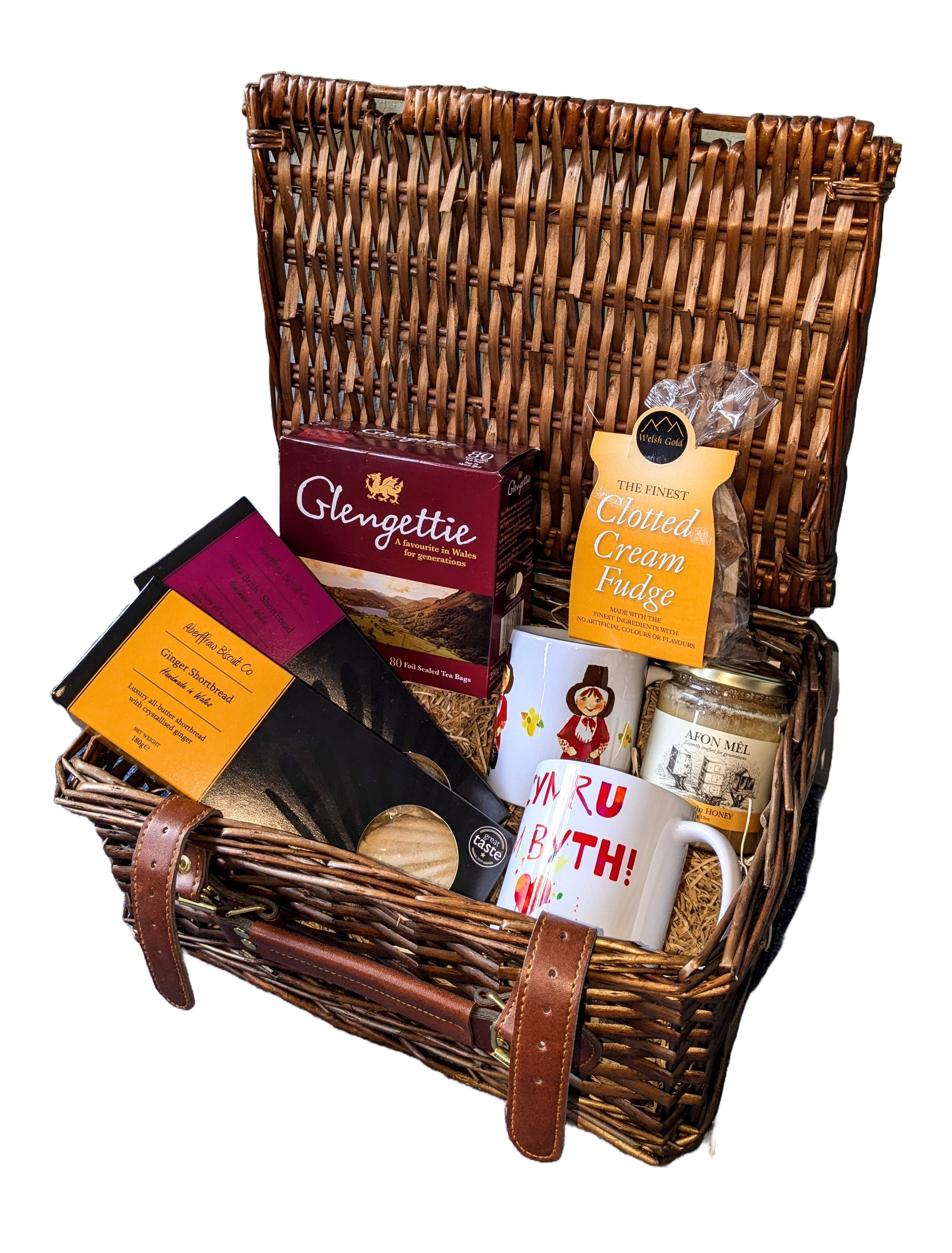 Hamper Amser Te Cymreig - gyda Bagiau Te, Mygiau, Bara Byr, Cyffug a Mêl