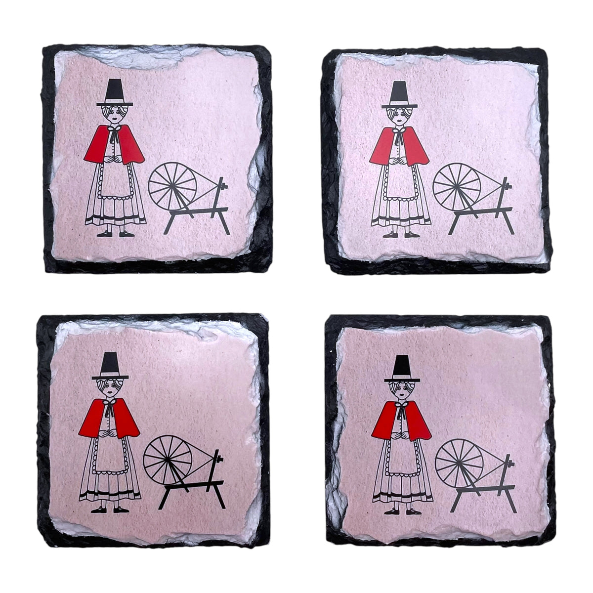 Welsh Lady Spinning Wheel Slate Coasters Set of 4 - Welsh Gifts and Rustic Home Décor