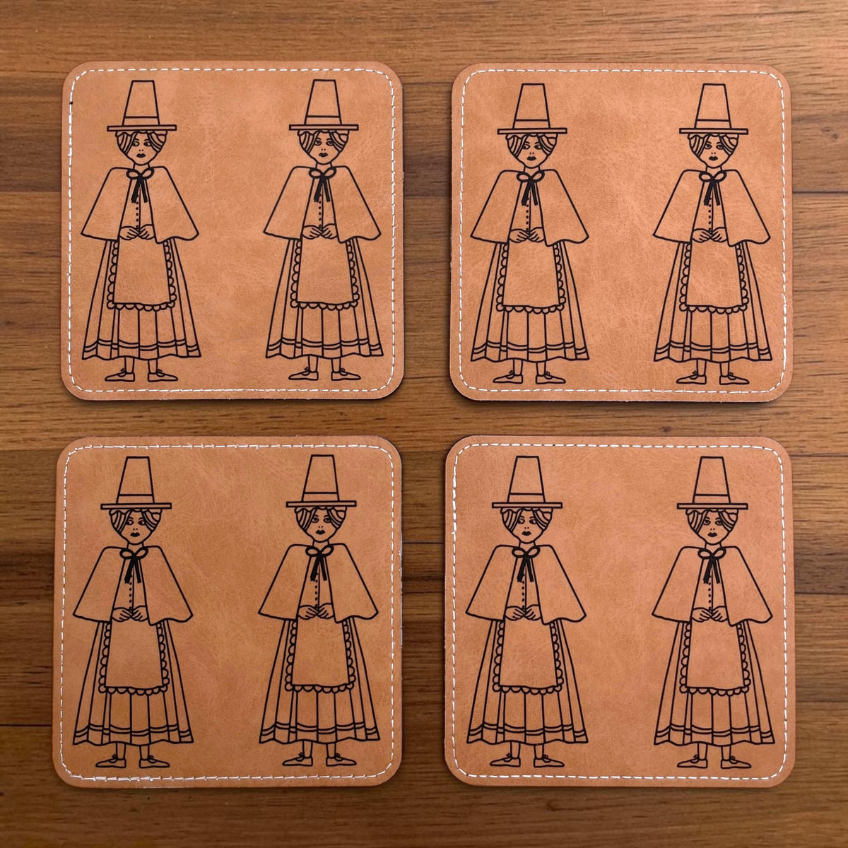 Welsh Lady Brown Faux Leather Coaster Set - Traditional Welsh Costume Design and Gift